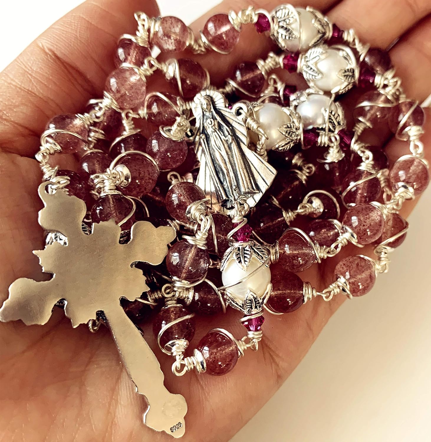 elegantmedical HANDMADE UNDOUBTED STRAWBERRY BEADS & REAL AAA10MM PEARL STERLING 925 SILVER ROSARY NECKLACE CRUCIFX & BOX CATHOLIC GIFTS