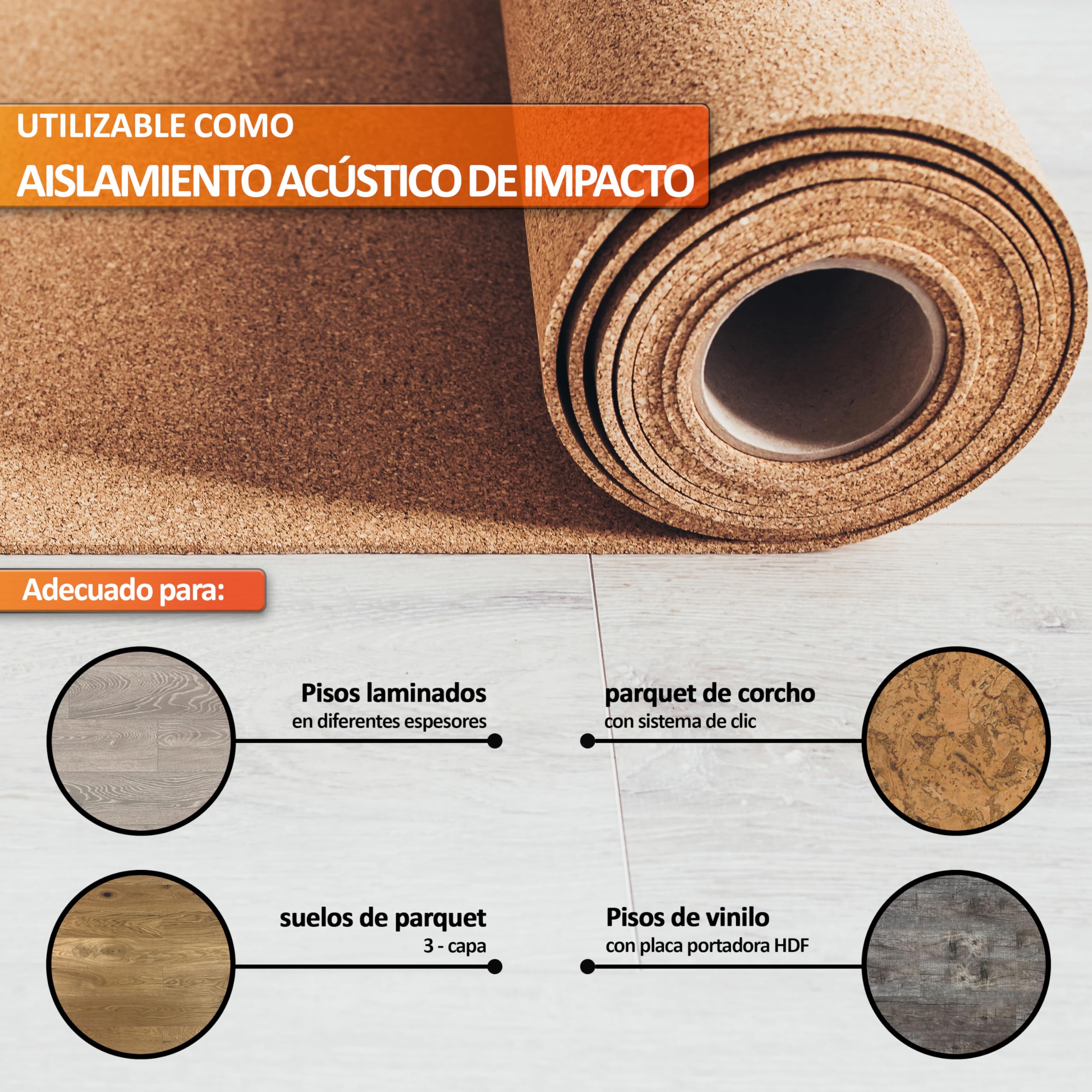 Base de corcho TRECOR aislante del ruido de impacto - 4 mm de espesor - Para suelos laminados y de parquet - Compra (20 m²)