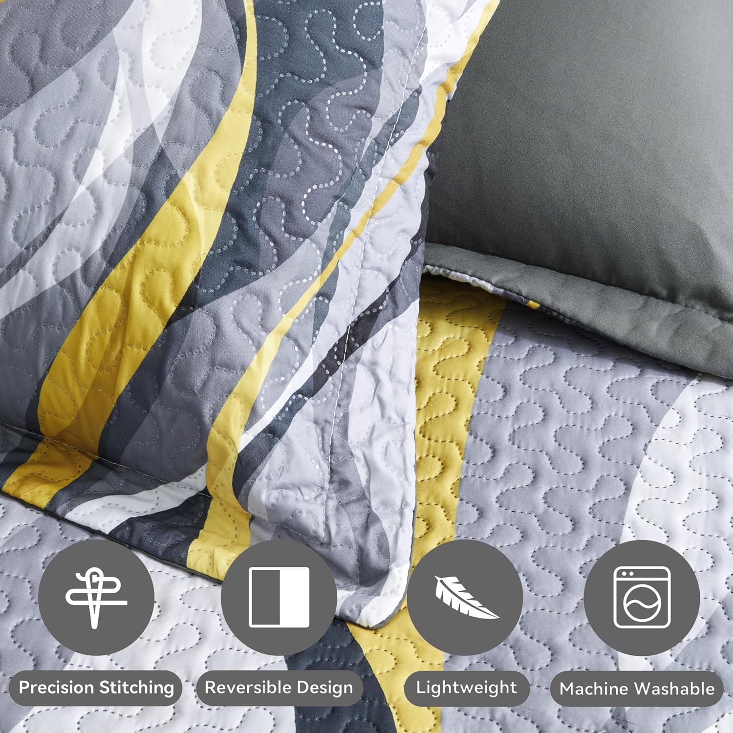 weesire Classic Line Pattern Bedding Quilt Queen Size Modern Grey Yellow and White Stripe Quilt with 2 Shams, Gray and Yellow Comforter Sets Lightweight Breathable Bedspreads Coverlet, 90''x96'' - Image 5