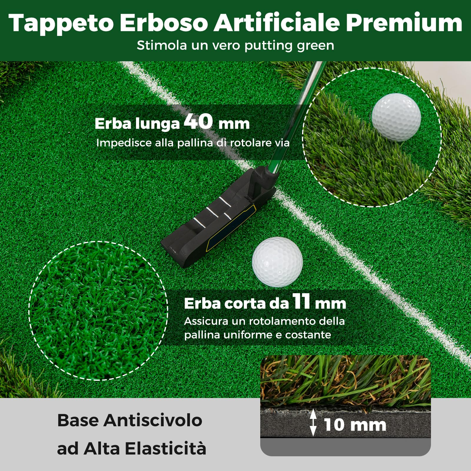 GYMAX Tappeto da Allenamento Golf 300 CM con 3 Palline, 2 Buchi, Green Artificiale, Tappeto da Putting Pong Antiscivolo per Casa, Ufficio