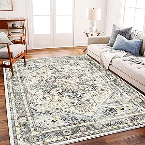 Area Rug 5'x7' Cyan Khaki Washable Vintage Traditional Floor Cover Thin Retro Kitchen Indoor Distressed Non Slip Carpet for Living Room Bedroom Dining Room