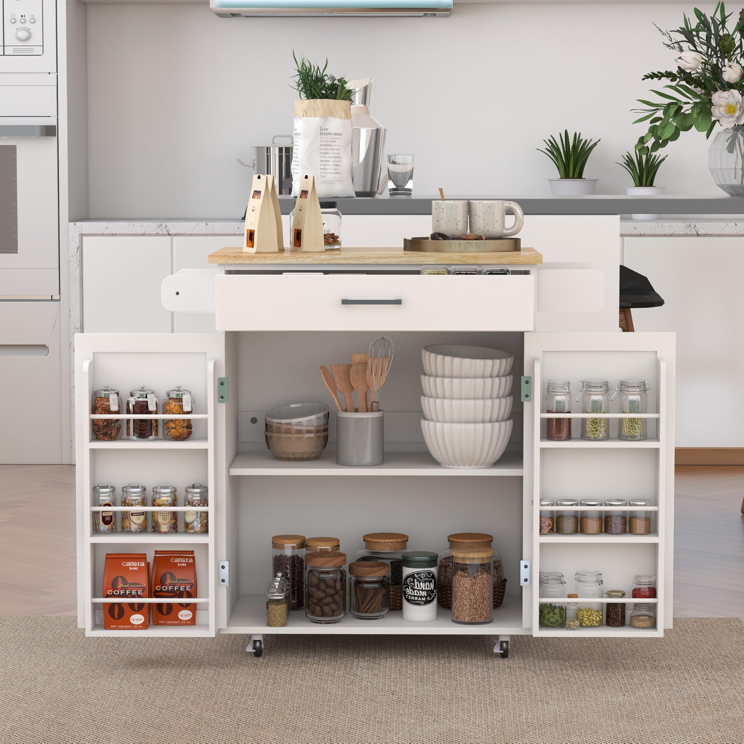 Kitchen Island Rolling Trolley Cart with 1 Drawer & 2 Doors with Storage Racks, Adjustable Shelves, Towel Rack, Seasoning Rack Rubber Wood Table Top ﻿