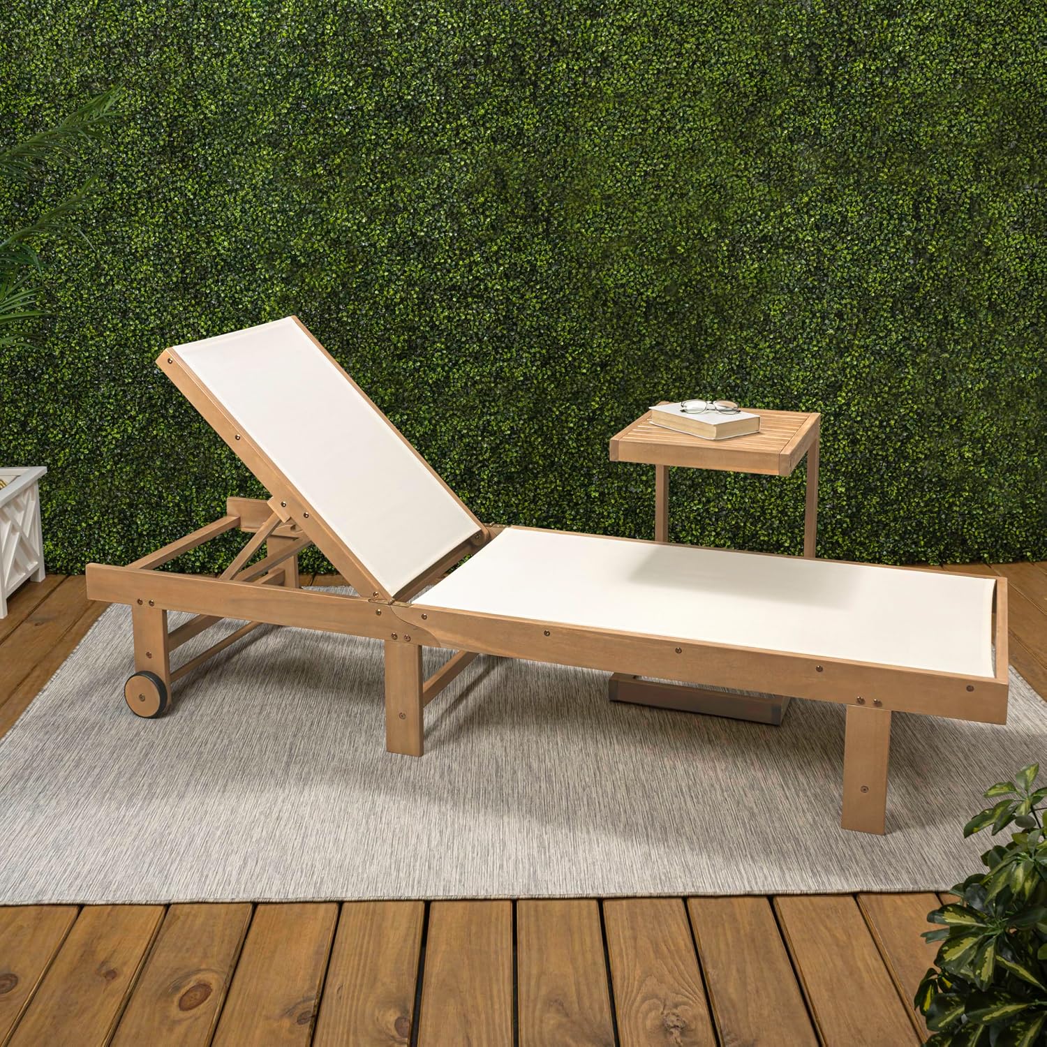 JONATHAN Y Trabuco Light Teak/White 2-Piece Acacia Wood Outdoor Lounge Set with Foldable Adjustable Sling Chaise Lounge Chair, Wheels and Side Table for Patio and Poolside, Coastal LNG1101C-2SET