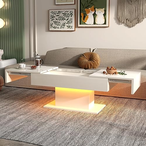 Mesa de centro LED blanca con almacenamiento para sala de estar, mesa central rectangular, mesas de centro modernas de madera de alto brillo con
