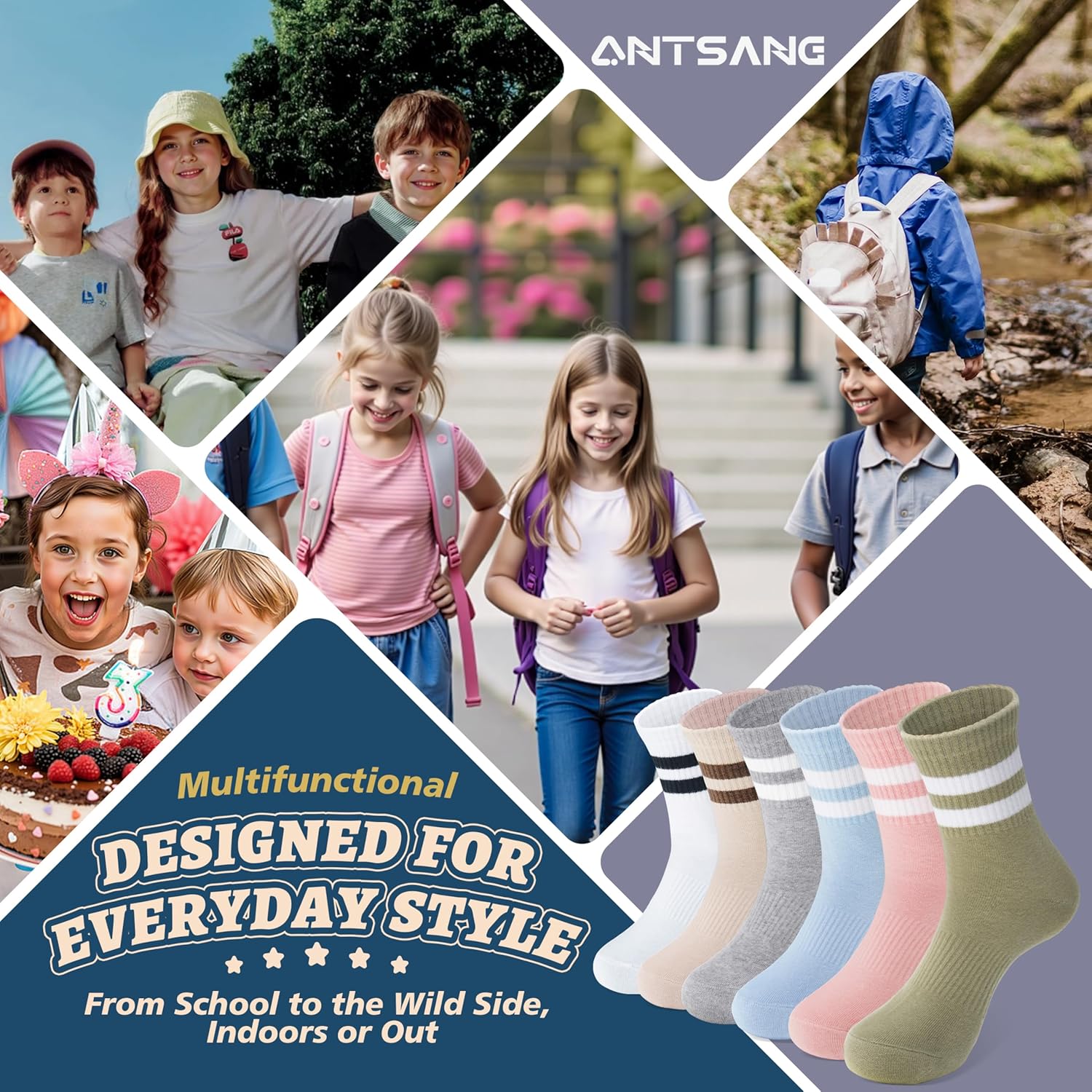 ANTSANG Kids School Athletic Sports Cotton Socks, Breathable Soft Crew Socks for Teen Girls Boys, 6 Pairs - Image 7