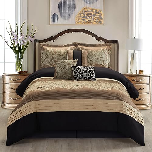 Miniatura 17 de Grand Avenue - Juego de edredón beige y dorado tamaño California King, 9 piezas de ropa de cama jacquard floral para todas las estaciones, Beige