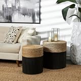 Black Wood Handmade Wrapped Accent Table with Dried Plant Tabletops (Set of 2) Bohemian Eclectic Round