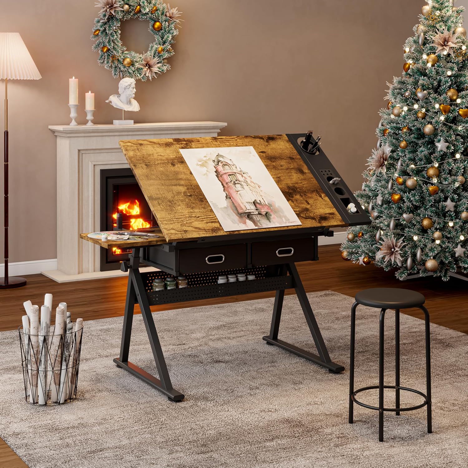 Drafting Table w/Stool, Painting Table Art Craft Desk Crafting Table with Tilting Tilted Tabletop, 2 Storage Drawers, Height Adjustable (Rustic Brown)