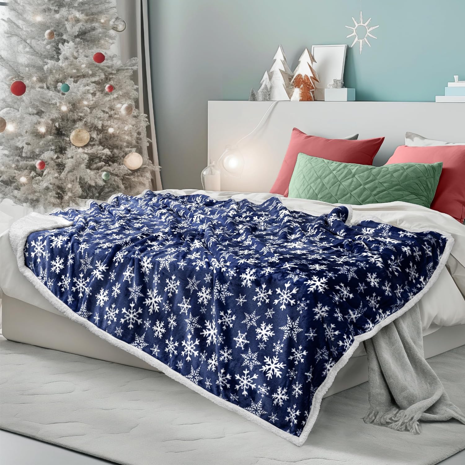PAVILIA Blue Snowflake Christmas Sherpa Throw Blanket, Reversible Fleece Sherpa Cozy Holiday Blanket 50x60, Soft Winter Throw for Couch & Bed, Plush Cozy Warm - Image 4