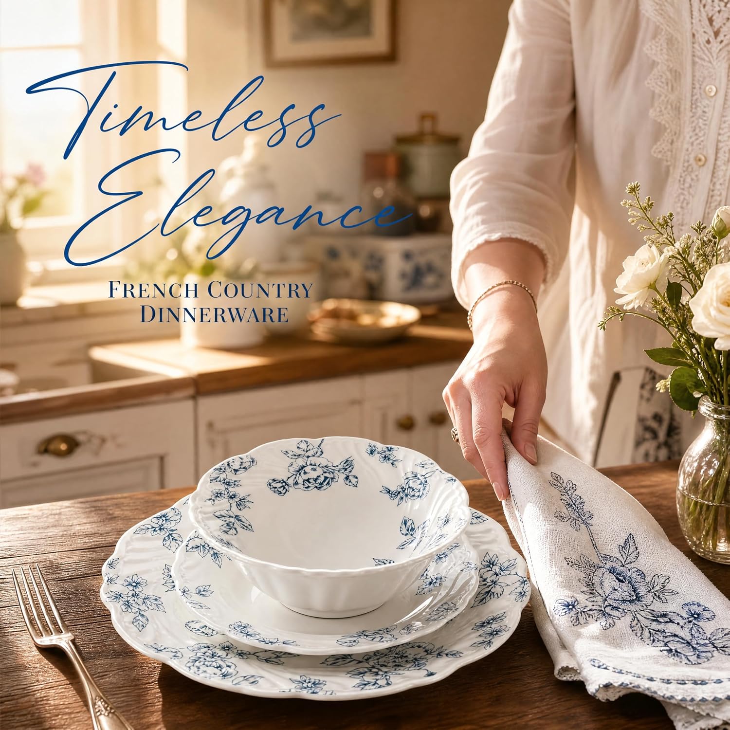Ceramic Dinnerware Set 12-Piece Scalloped Edge Dish Set for 4 Vintage Floral Elegant Kitchen Dinner Plates Bowls for Daily Use & Party Microwave & Dishwasher Safe