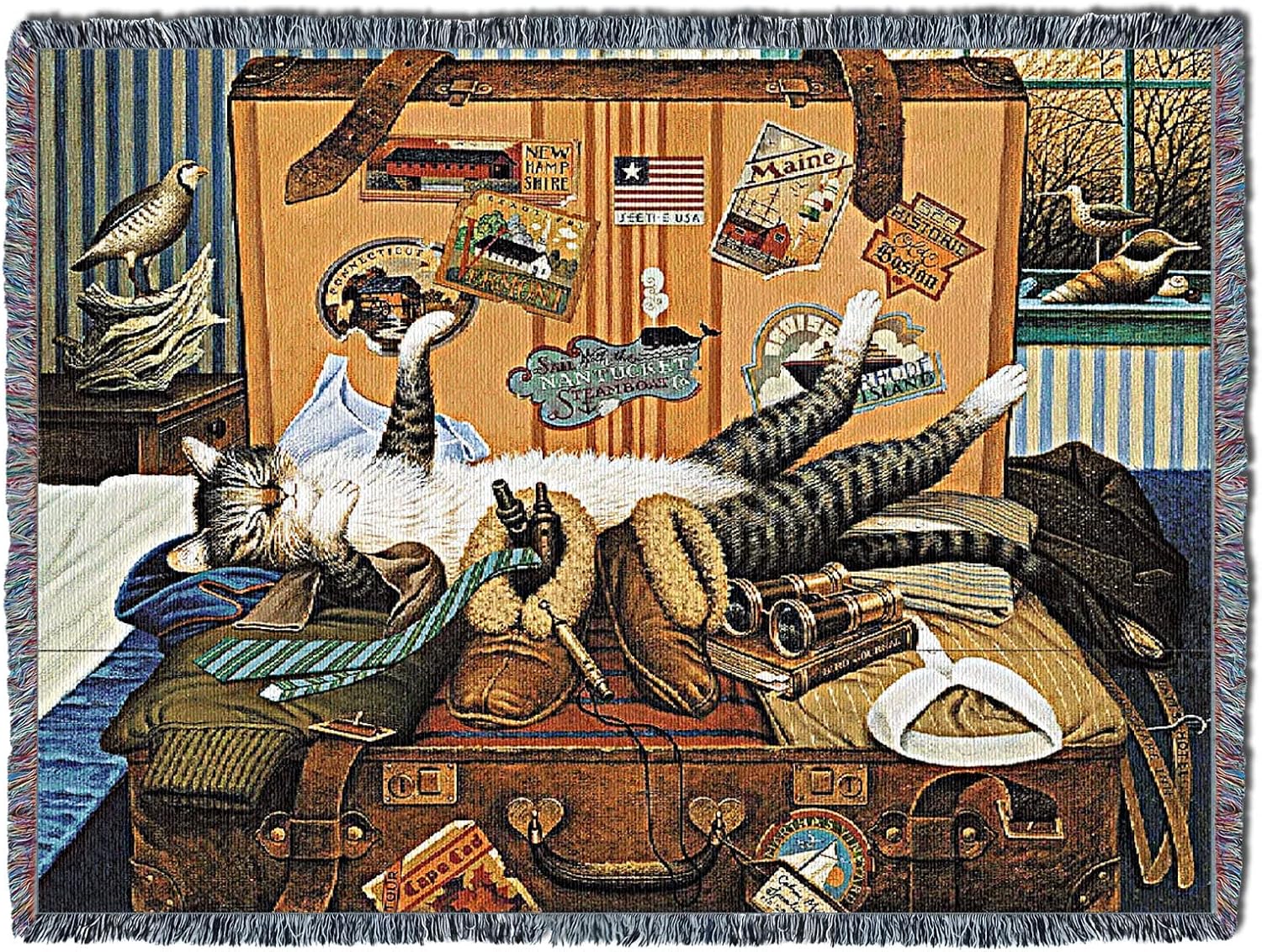 Pure Country Weavers Mabel The Stowaway Cat Blanket by Charles Wysocki - Gift for Cat Lovers - Tapestry Throw Woven from Cotton - Made in the USA (72x54)