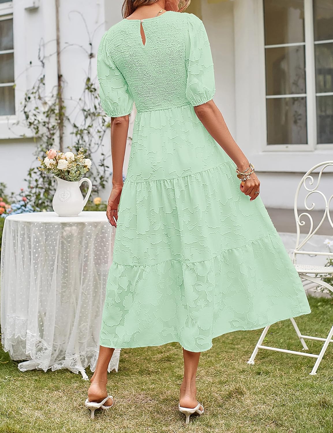 MEROKEETY Women's 2025 Summer Puff Sleeve Smocked Floral Dress Crewneck Lace Flowy Tiered Midi Dresses - Image 4