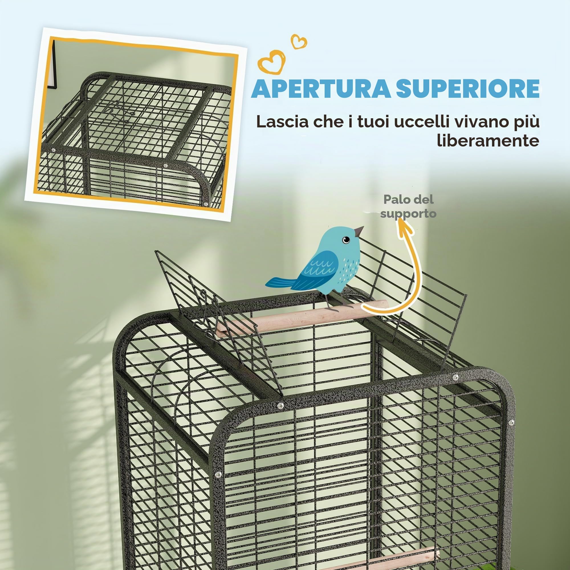 PawHut Gabbia per uccelli 62,5x62,5x146 cm Grigio scuro | Ruote, trespoli, mangiatoie, ripiano, vassoio rimovibile, per cacatua & pappagalli