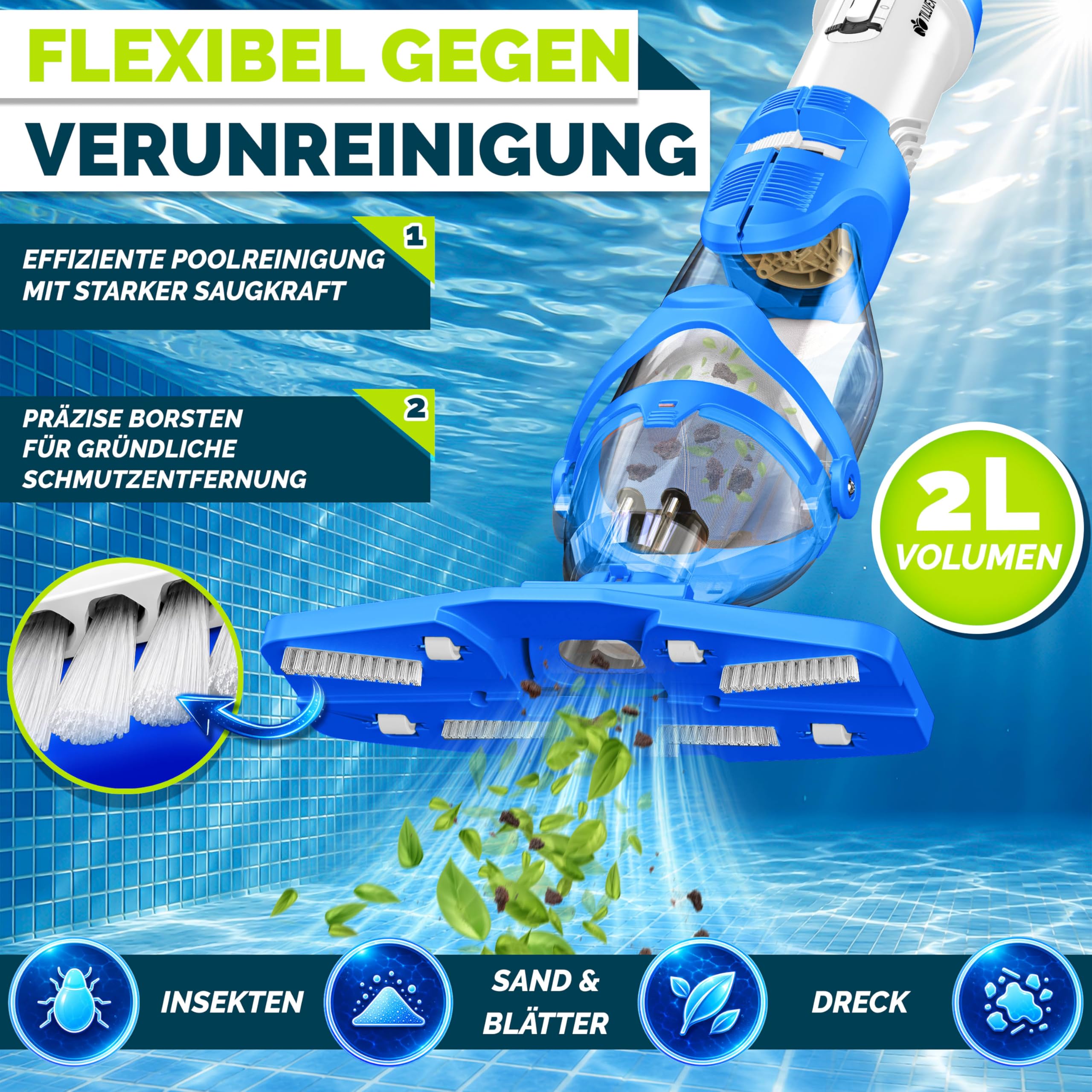 tillvex Poolsauger mit Akku & Teleskopstange + Ersatzfilter bis zu 15 m³ | Pool Bodensauger elektrisch | Poolreiniger mit Filter & 60 min Laufzeit | Handsauger Reinigungsset kabellos (Blau/Weiß)