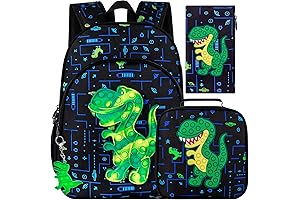 Dinosaur Backpack Set for Kids, Featuring 16-inch Bookbag, Lunch Box, and Water Bottle