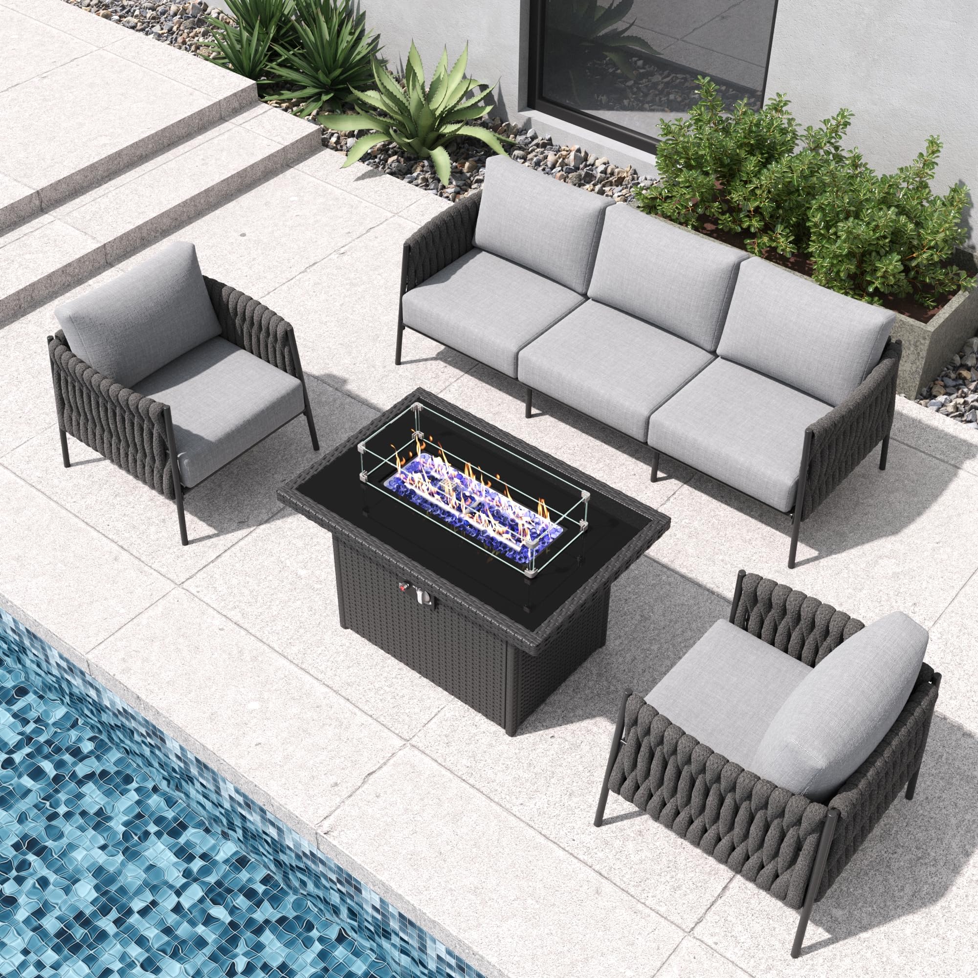 Aeeiua Modern Outdoor Patio Furniture Set with Fire Pit Table, 4 Pieces Olefin Woven Rope Conversation Sofa Set with 6-Inch Thick Cushions