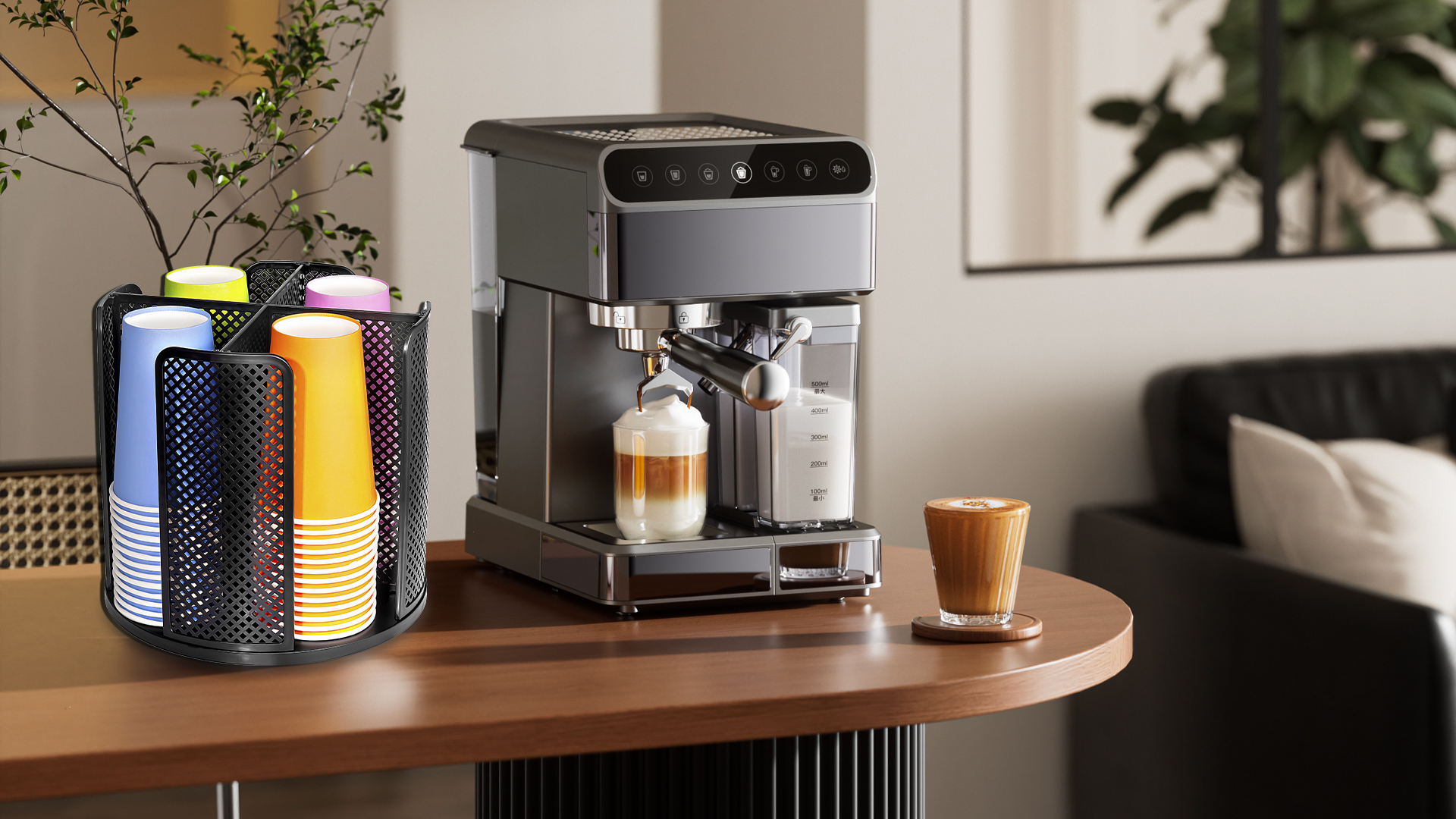 Rotating Paper Cup Dispenser, Cup Holder with 4 Compartments, Disposable Coffee Cup Dispenser Removable, Plastic Cup Storage & Lid Holder for Countertops, Kitchen, Coffee Stations (White)