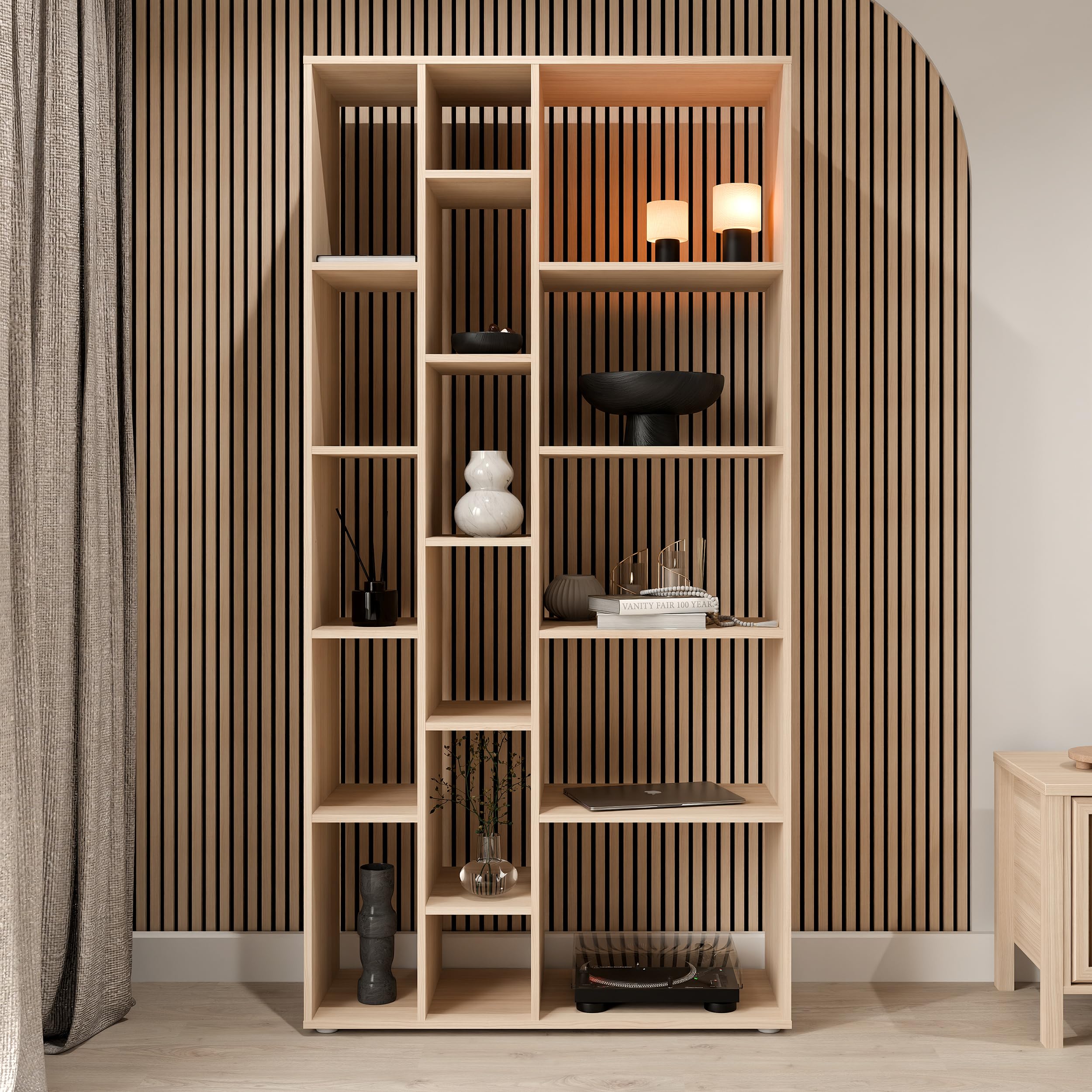 Forte JYTANA Regal 90 100, skandinavisches Regal mit 13 Regalfächern, Japandi Style, Holzwerkstoff, Riva Eiche Holzdekor, 93,3 cm breit x 187,3 cm hoch x 34,8 cm tief