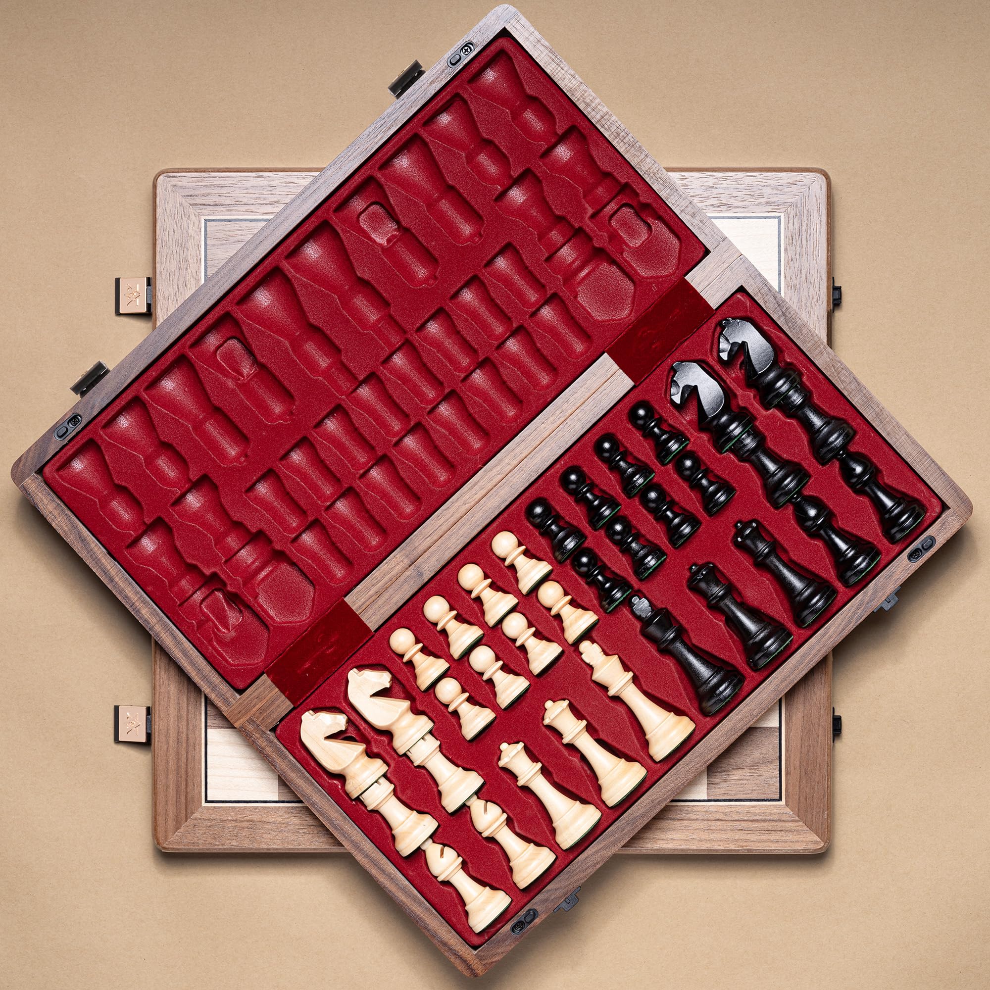 A&A 15 inch Wooden Folding Chess Set w/ 3 inch King Height Staunton Chess Pieces / 2 Extra Queens - Natural Walnut Wood