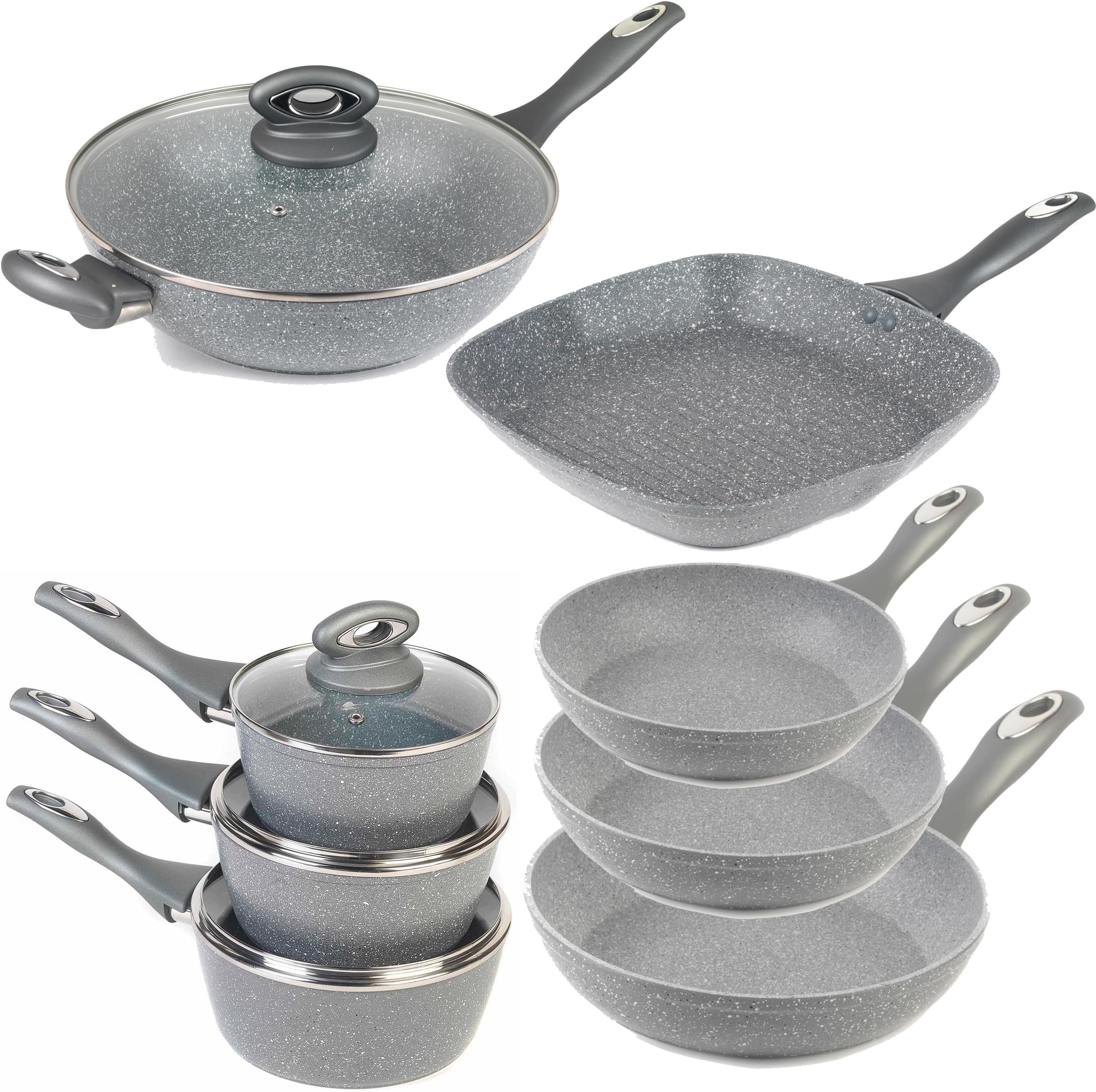 Marblestone 8-Piece Pan Set – Non-Stick Pots & Pans Set, Induction Cookware Set, 16/18/20cm Saucepans, 20/24/28cm Frying Pans, Wok, Griddle Kitchen Pan, Healthier Frying & Cooking Set, Grey