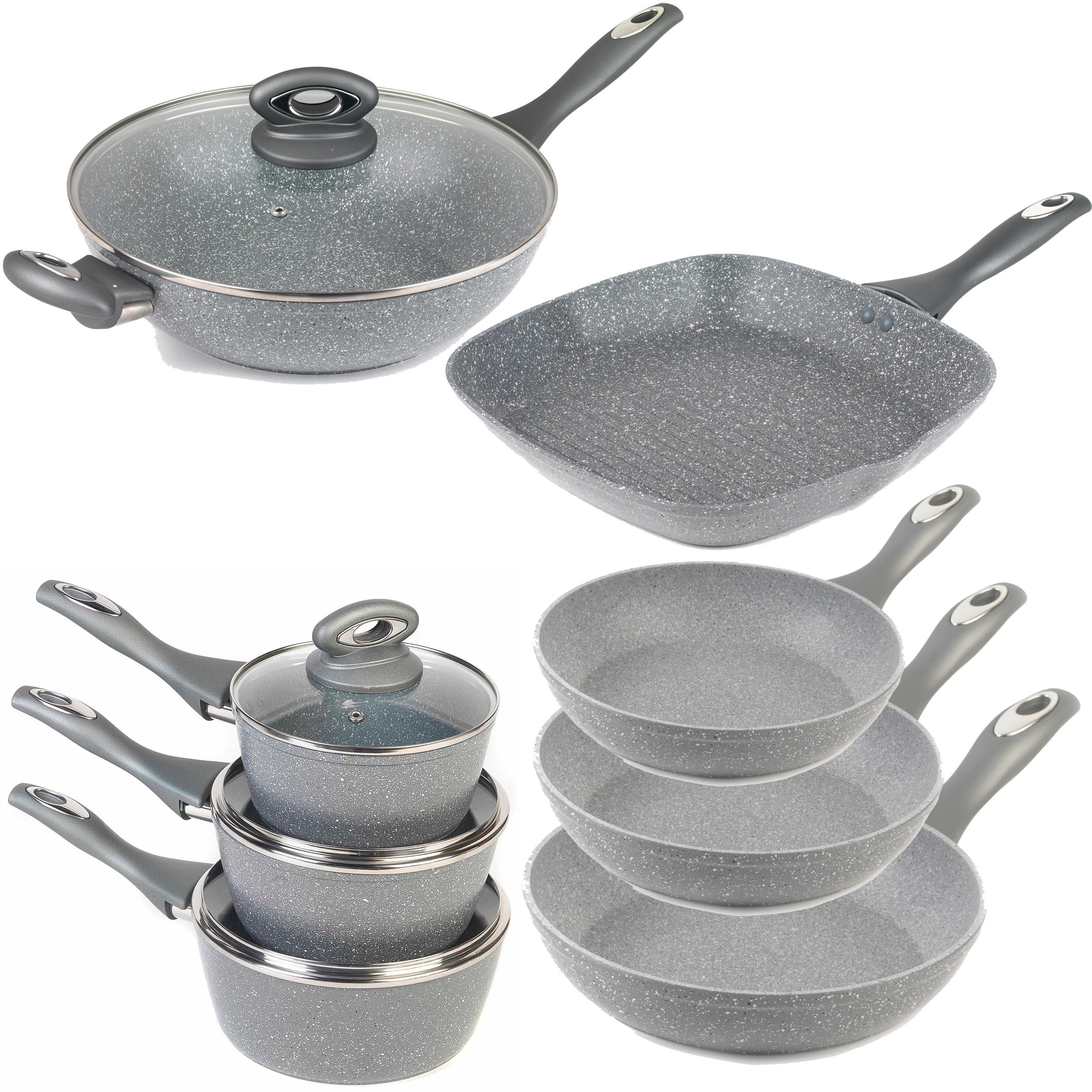 Salter Marblestone 8-Piece Pan Set – Non-Stick Pots & Pans Set, Induction Cookware Set, 16/18/20cm Saucepans, 20/24/28cm Frying Pans, Wok, Griddle Kitchen Pan, Healthier Frying & Cooking Set, Grey