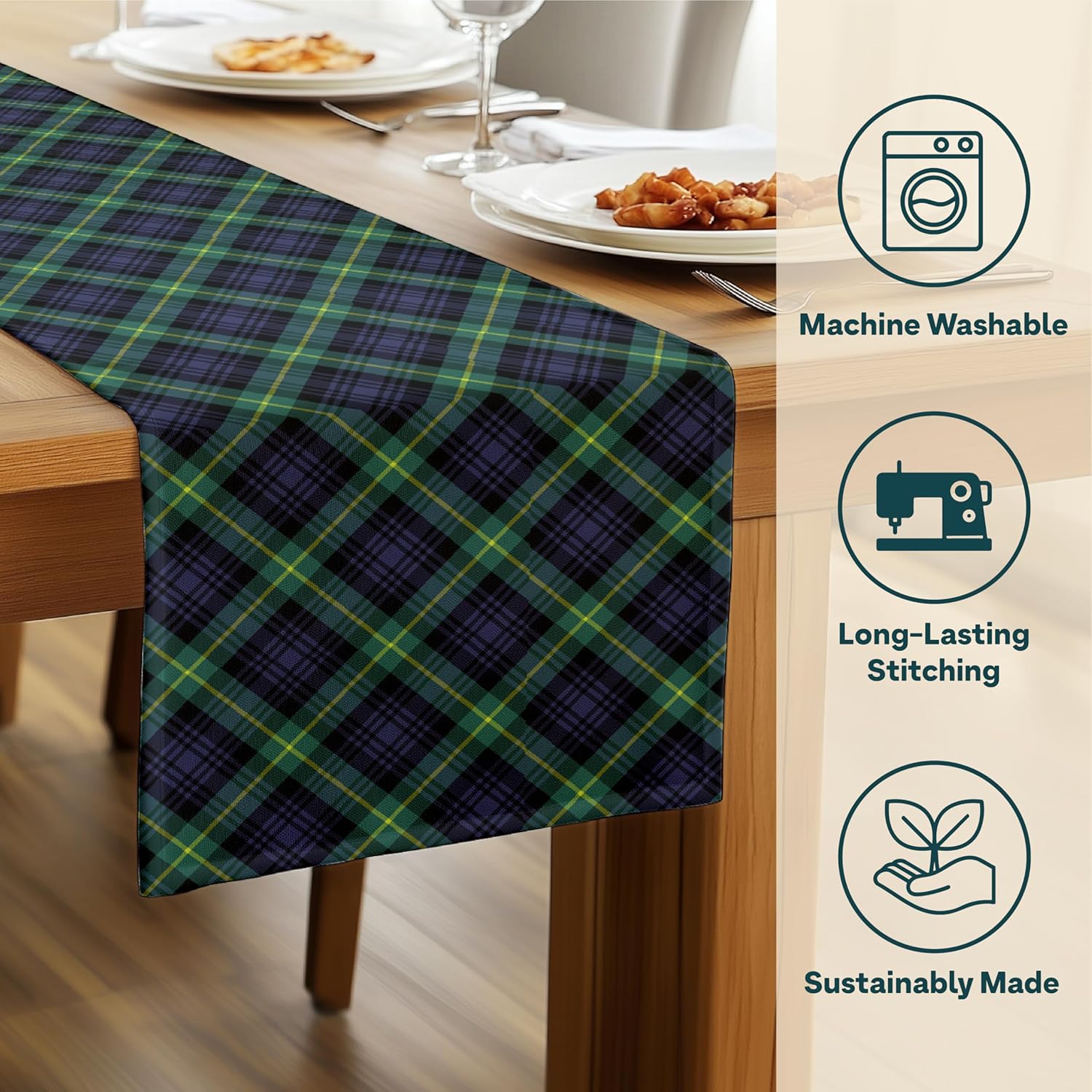 Fabric Textile Products | Blue & Green Tartan Tablerunner | Plaid Table Decor | 12" x 72" | Machine Washable and Stain-Resistant for Easy Care | Made in The USA