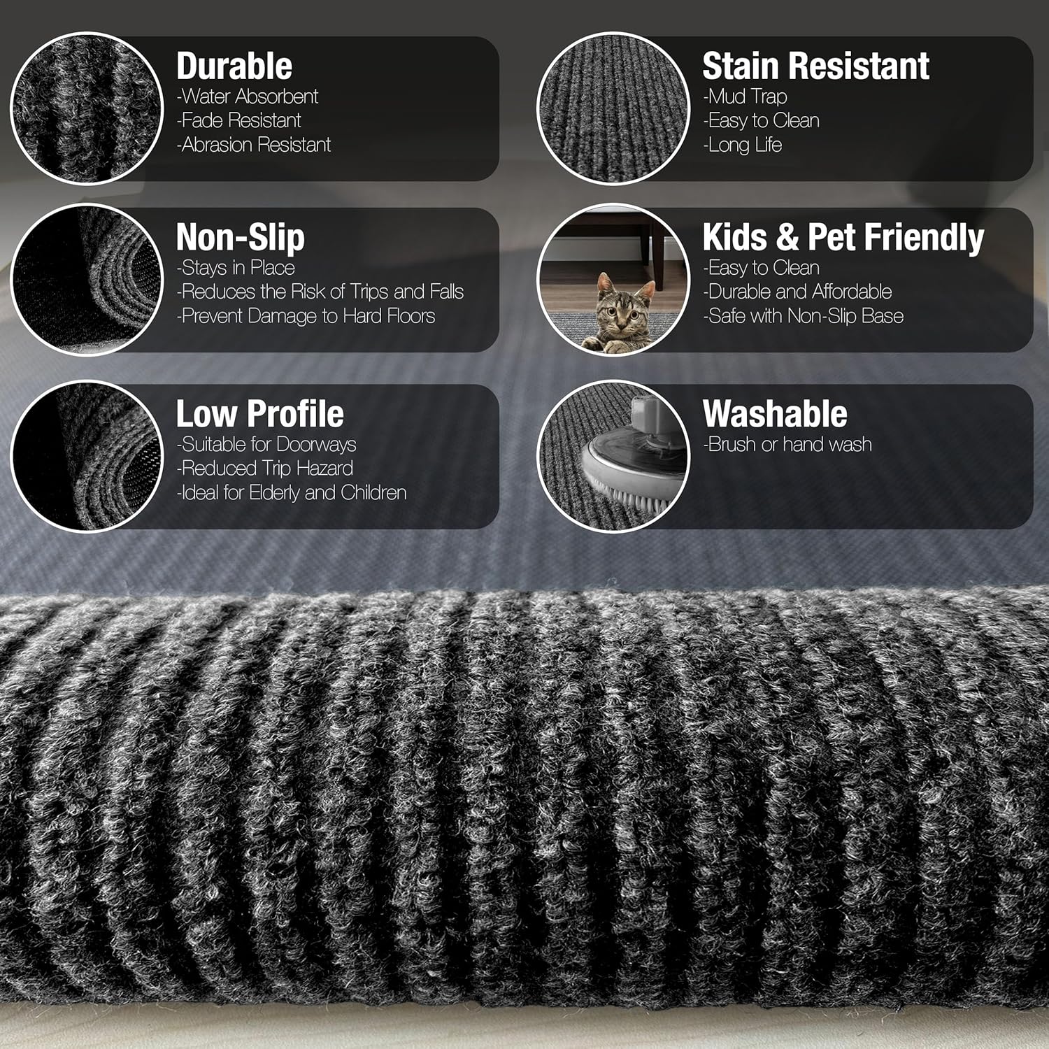 sigun Modern Non-Slip Runner Rug – Custom Size, Washable & Durable – Indoor/Outdoor Carpet for Hallway, Entryway, Kitchen, Porch, Balcony, Garage & Patio – Stain Resistant with Rubber | Black - 2 x 3