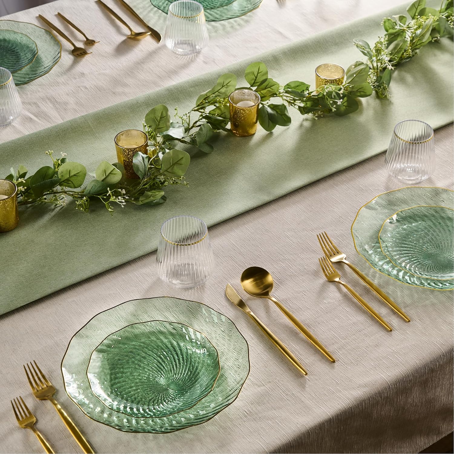 PLASTICPRO 30 Pack Plastic Plate Set of 15-10 inch Plates and 15-7 inch Plates, Elegant Clear Green Spiral and Gold Rim Disposable Fancy Plate Premium Heavyweight - Image 2