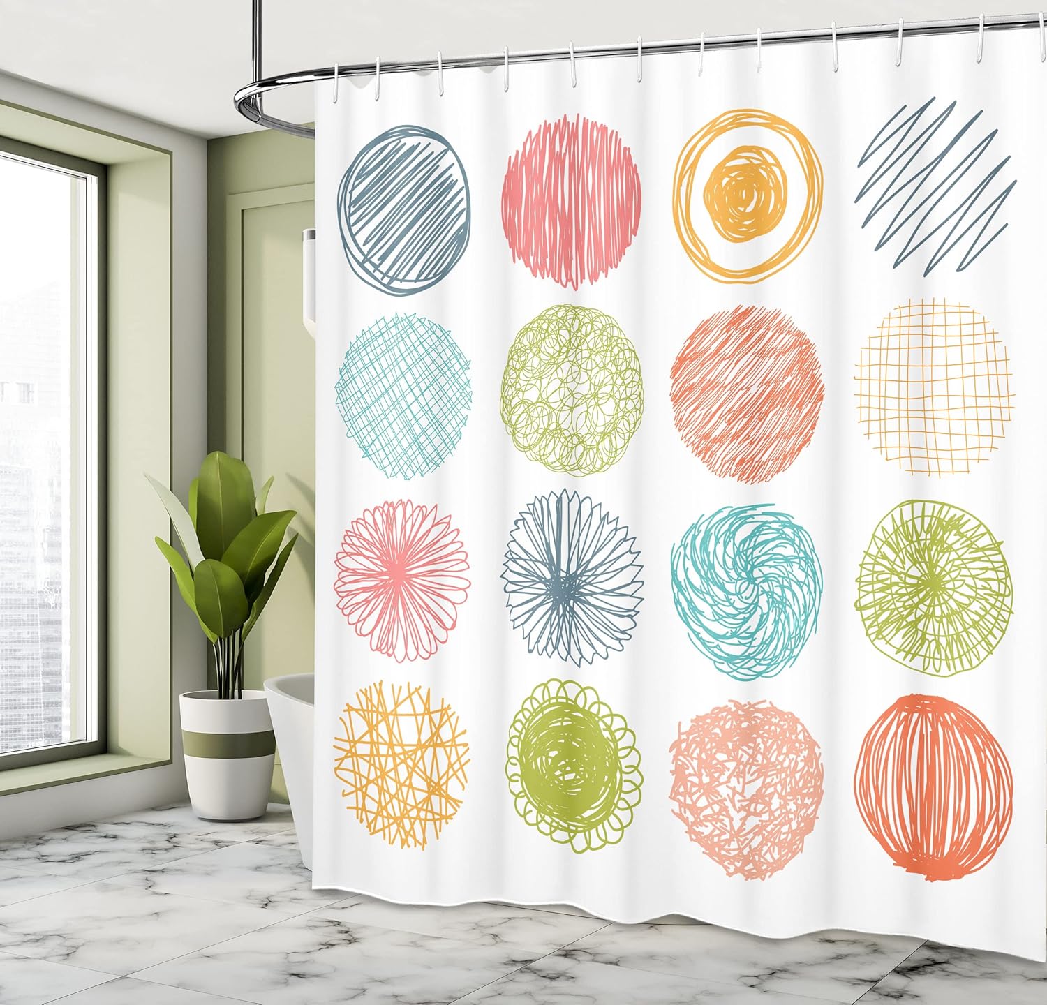 Ambesonne Colorful Shower Curtain, Doodle Style Scribble Composition Circles Stripes Joyful Illustration, Cloth Fabric Bathroom Decor Set with Hooks, 69" W x 75" L, Orange Coral