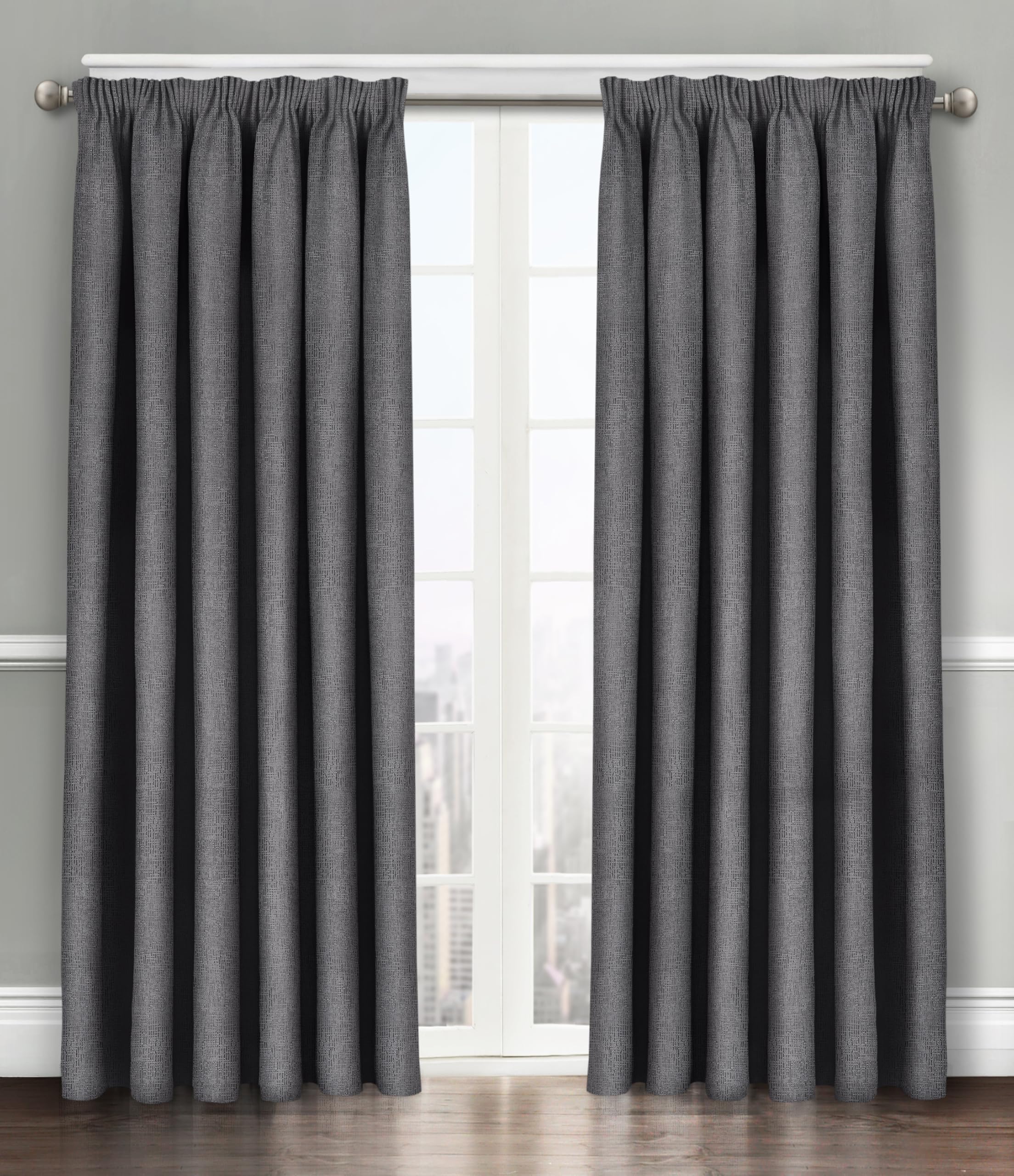 Velosso Solid Thermal Blockout Window Treatment Triple Weaved Curtain Panels Dimout Pencil Pleated Curtain Pair (Charcoal Grey, 46" Wide x 54" Drop)