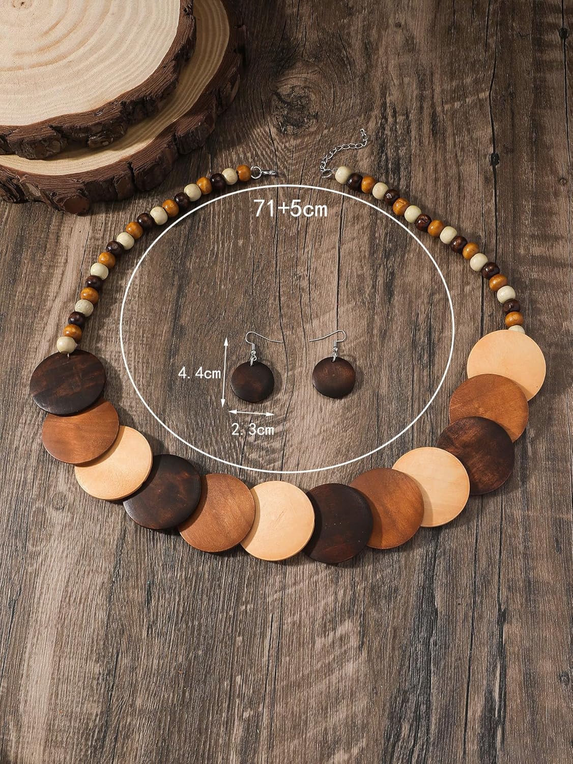 Caiyao Vintage Wooden Round Beaded Choker Necklace Earrings Set Bohemian Multicolor Wood Beads Sweater Chunky Necklaces Geometric Ethnic Bib Costume Statement for Women Men Weeding Jewelry Gifts - Image 2