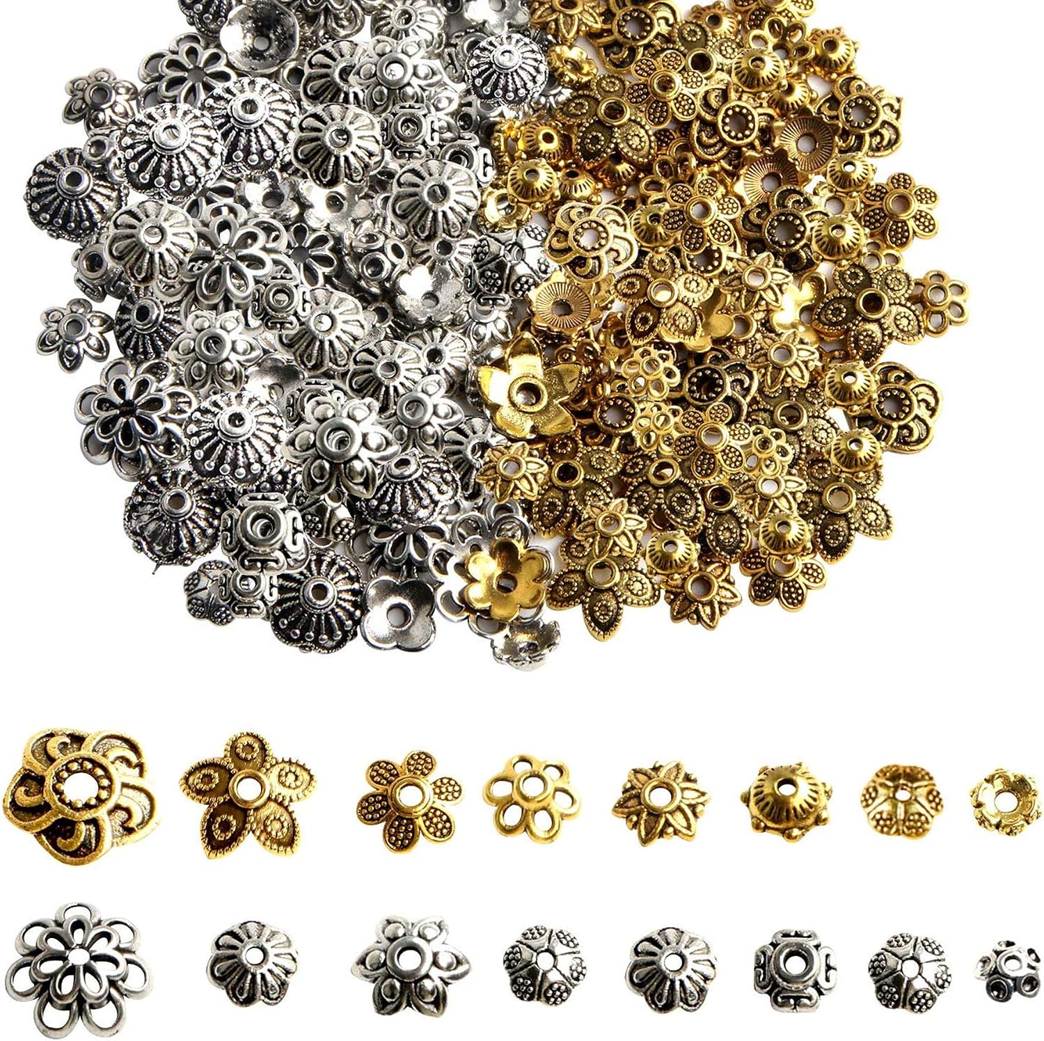 FEBSNOW About 160Pcs Spacer Beads Caps, Bali Style Mixed Tibetan Silver and Antique Gold Flower Bead Caps for Bracelet Necklace Earrings Jewelry Making Supplies