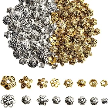 FEBSNOW About 160Pcs Spacer Beads Caps, Bali Style Mixed Tibetan Silver and Antique Gold Flower Bead Caps for Bracelet Necklace Earrings Jewelry Making Supplies | Tibetan Silver and Antique Gold, Bracelet Necklace Earrings Making, Gift for DIY Crafters