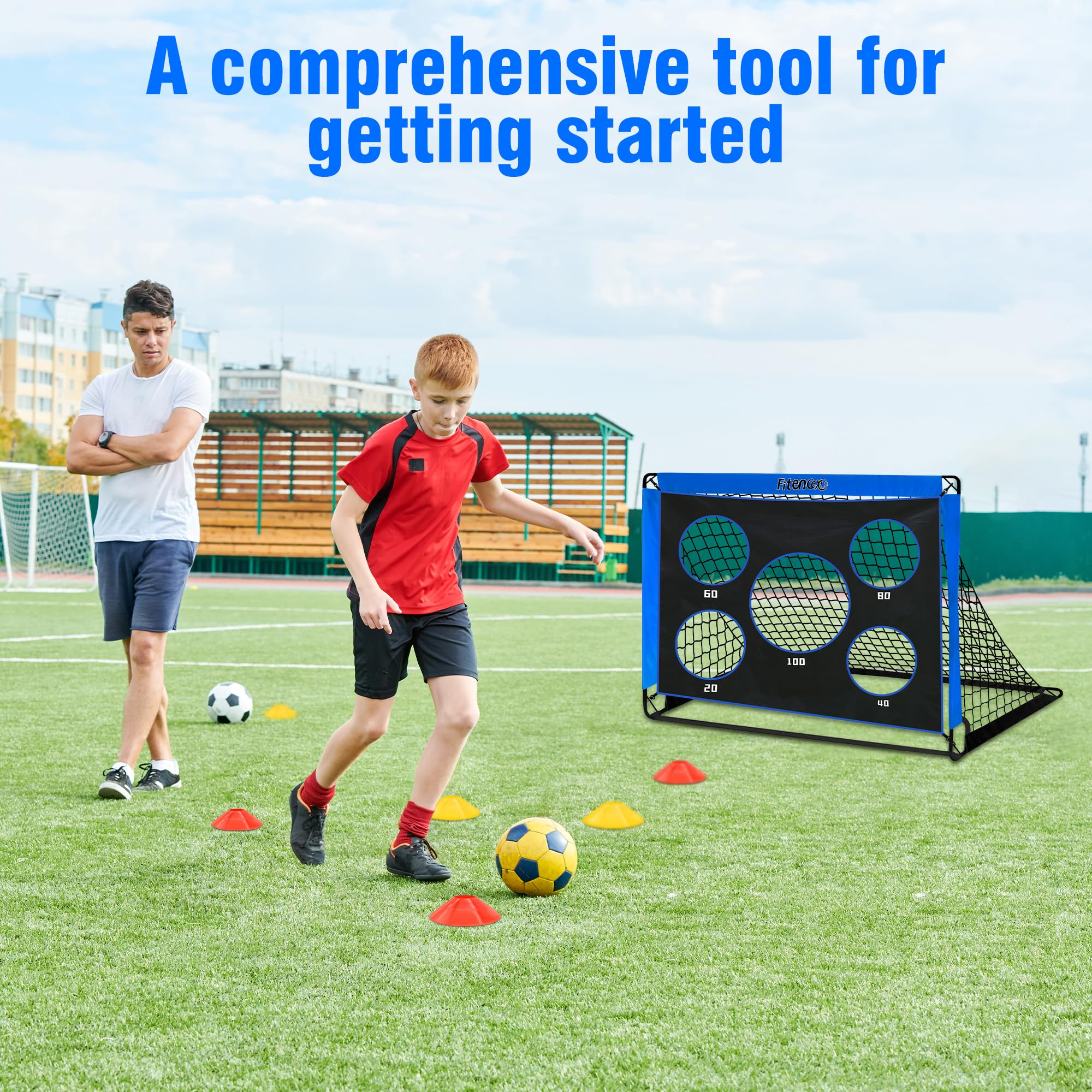 Fußballtor Kinder - 3-in-1 Pop Up Tor mit Torwand | Goal für Garten, Park & Strand | Outdoor Fussballtore mit 5 Schusslöchern, 3 Zielscheiben & 6 Hindernissen | inkl. Tasche & Bodennägel