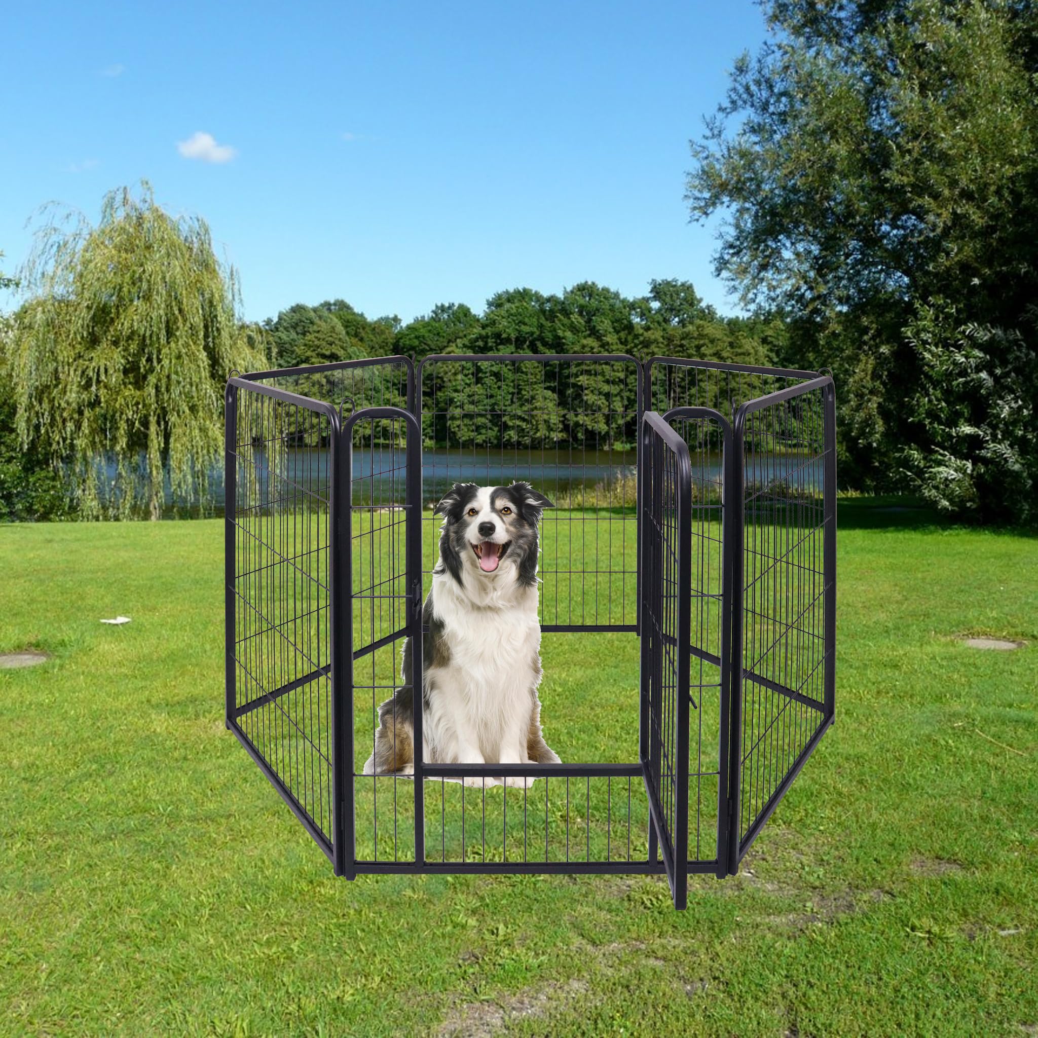 SUBTLETY Juego de 6 parques para perros con puertas y anclajes de tierra, cercado para perros plegable, resistente a la intemperie, parque para cachorros, portátil, para jardín, camping