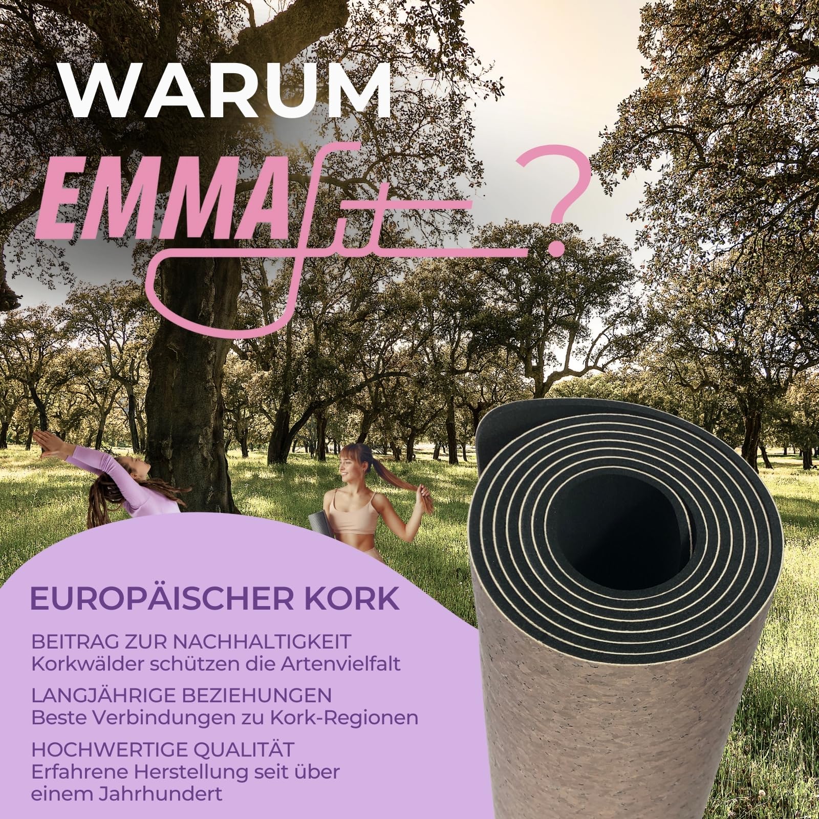 EMMAfit Kork Fitnessmatte I 183 x 65cm I rutschfeste Matte mit Naturkorkoberfläche für Yoga, Pilates & Gymnastik I hygienisch & umweltfreundlich I nachhaltige & langlebige Yoga-Matte