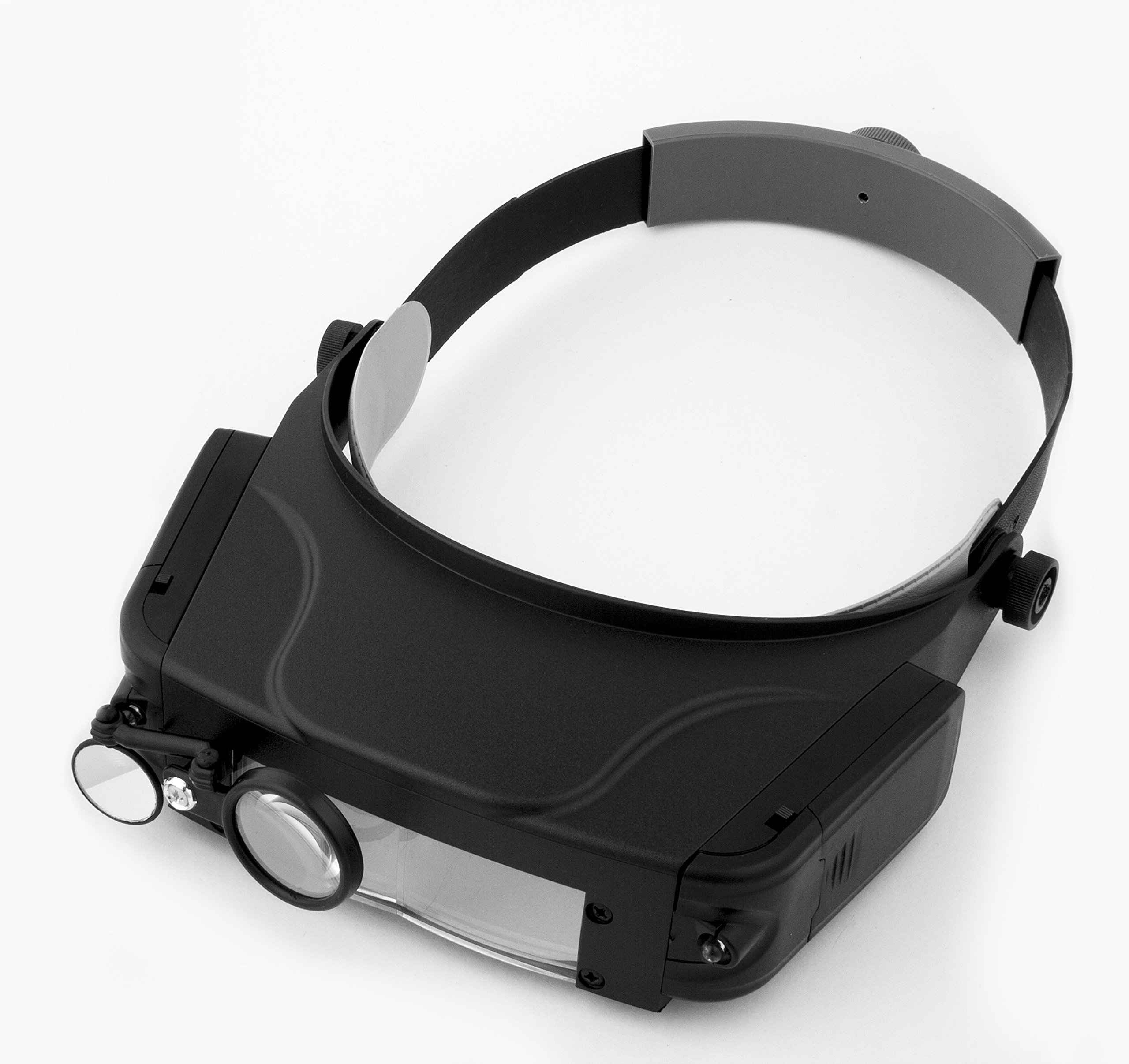 Kopfbandlupe mit Zwei seitlich angebrachten LEDs und -3,5-facher Vergrößerung beidseits, 8,5- bis 10-facher Vergrößerung einseitig mit ausklappbarer Lupe. Von Electro Optix