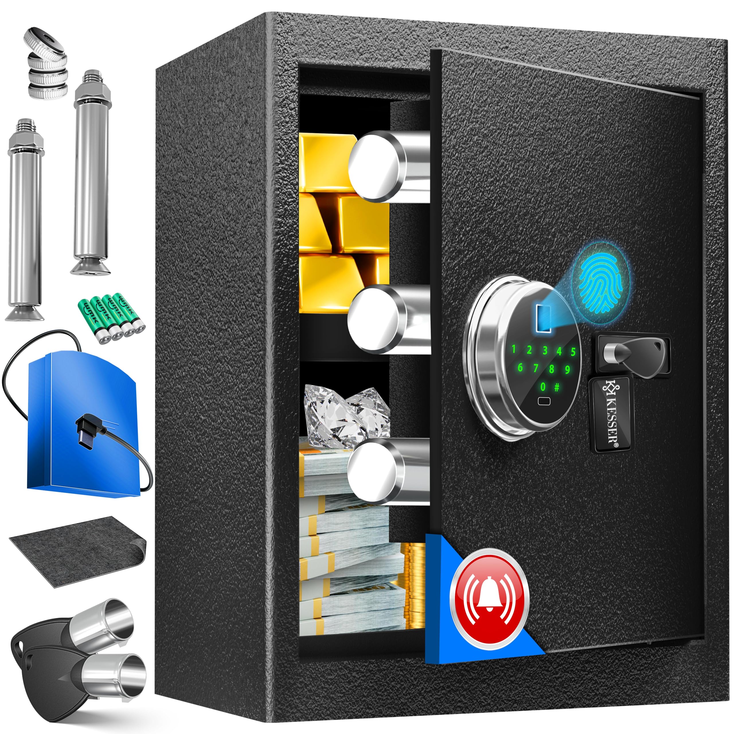 KESSER Caja fuerte eléctrica con huella dactilar y llave XL batería emergencia 3 doble perno pared suelo muebles