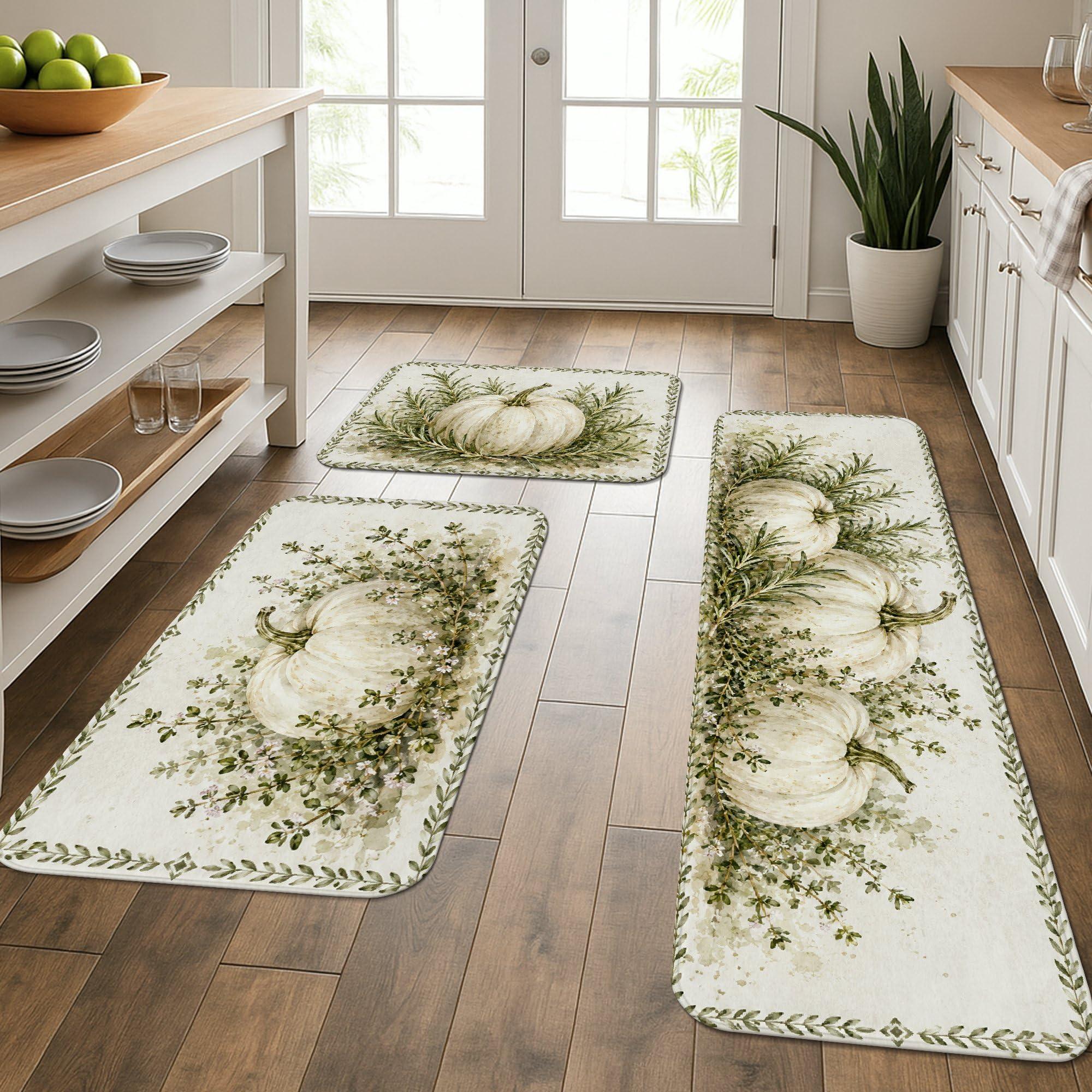 Tapis de cuisine rustiques lot de 3 tapis de sol rembourré lavable vert automne feuillage