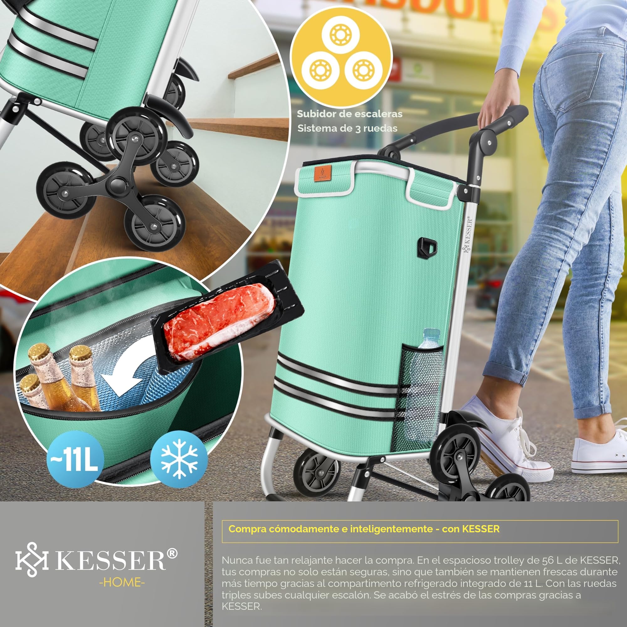 KESSER® Carro de la compra- Carro de la Compra con Compartimento Frigorífico, 56L de Capacidad, Capacidad de Carga hasta 50kg, 3en1 Carro y Bolsa bandolera, incl. Chip de compra, Plegable, Verde Menta