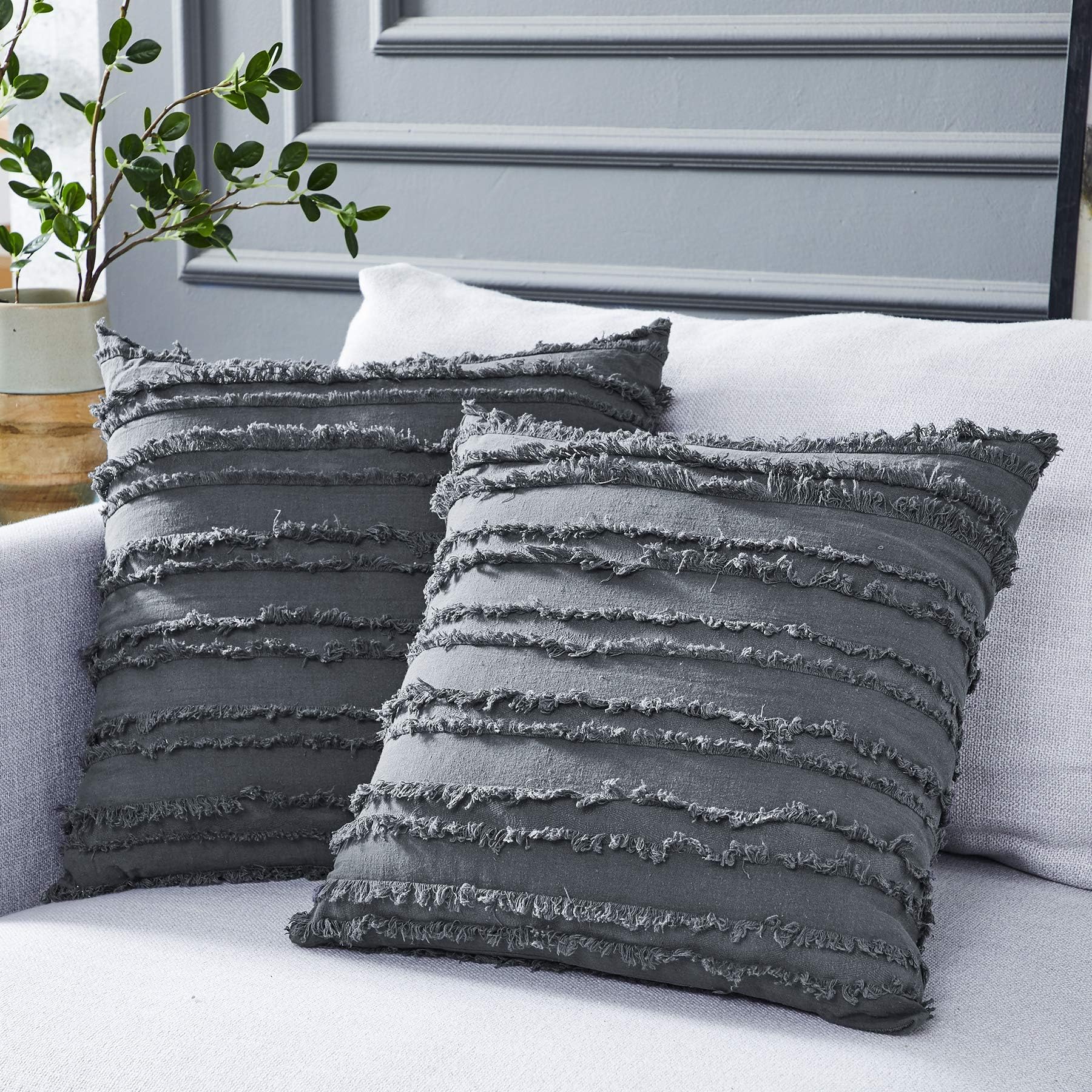 Longhui beddingGrey Throw Pillow Cover for Couch Sofa Bed, Cotton Linen Decorative Pillows Cushion Covers, Gray Color 18 x 18 inches, Set of 2