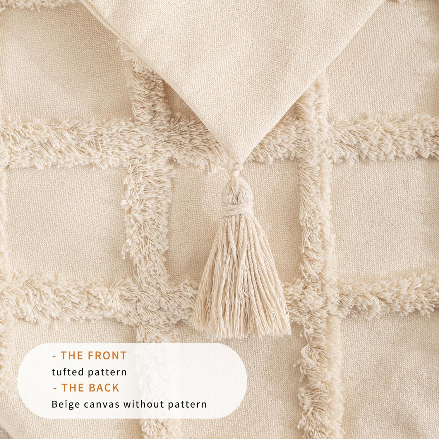 Set of 2 Boho Throw Pillow Covers, 18x18 inch Farmhouse Decorative Pillow Cover with Tassels, Square Soft Plush Cushion Pillowcase for Living Room Sofa RV Bedroom, Beige