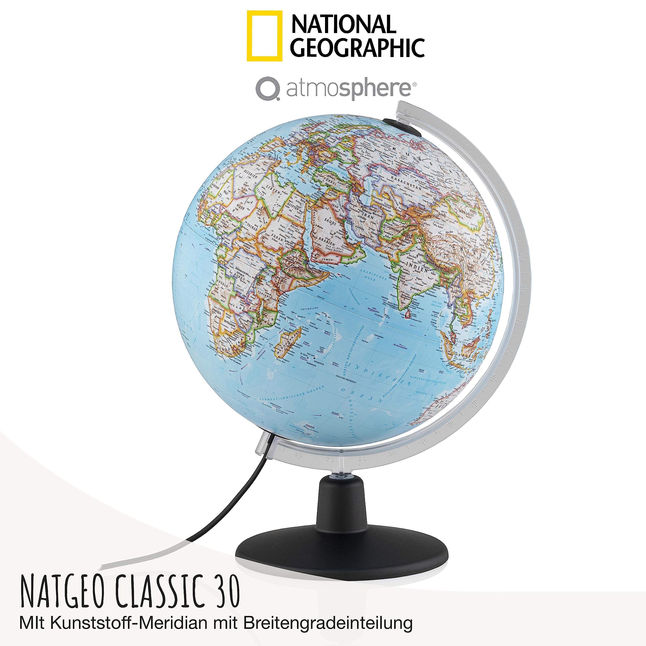 National Geographic NATGEO Classic Leuchtglobus - 30 cm Globus mit politisch-physischer Kartografie in deutscher Sprache, beleuchtet und mit drehbaren Kunststofffuß