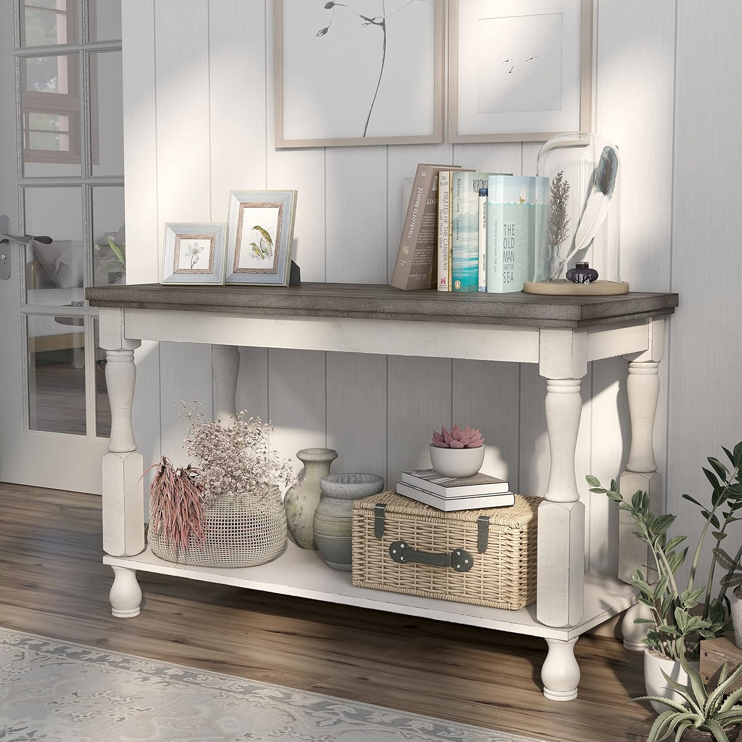 Rustic White 47inch Solid Wood Sofa Table Grey Traditional