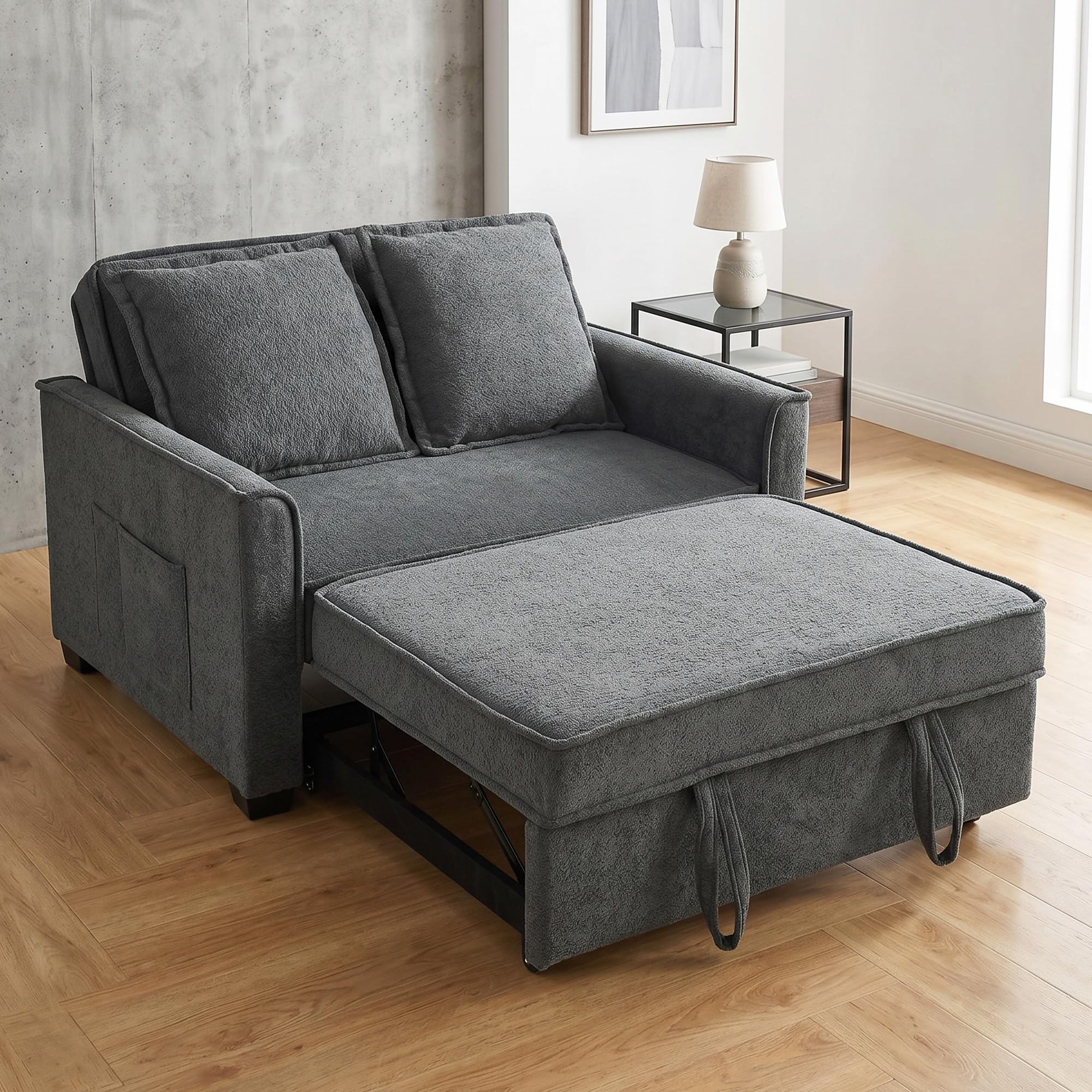 HOMCOM Sofá Cama 2 Plazas 3 en 1 Respaldo Ajustable Gris Oscuro | Sofá Cama Tejido Rizo, 3 Niveles, Bolsillos Laterales, 2 Almohadas con Fundas Extraíbles, Sala de Estar, Espacios Pequeños