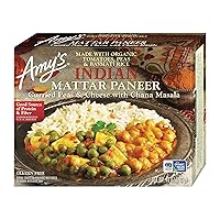 Vista 1 de Amy's Comidas congeladas, paneer mattar indio sin gluten, hecho con arroz basmati, queso, tomates orgánicos, guisantes y garbanzo, 10 onzas
