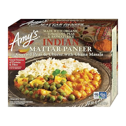 Amy's Comidas congeladas, paneer mattar indio sin gluten, hecho con arroz basmati, queso, tomates orgánicos, guisantes y garbanzo, 10 onzas
