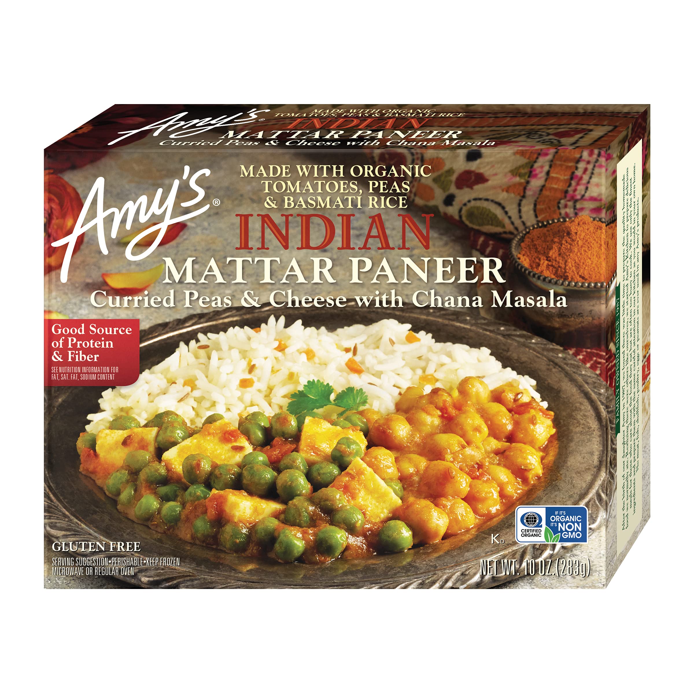 Amy's Frozen Meals, Indian Mattar Paneer, Made with Basmati Rice, Cheese, Organic Tomatoes, Peas & Garbanzo Beans, Gluten Free, 10 oz.