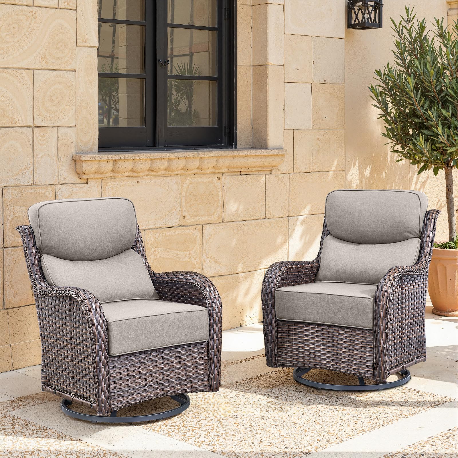 Swivel Patio Chairs sofa Set of 2 with 6" Thick Cushion - Wicker Outdoor Swivel Rocker Patio Chair ,Sofa/Glass coffee table, High Back Comfortable Outdoor Glider Chairs - Brown Wicker | Grey Cushions
