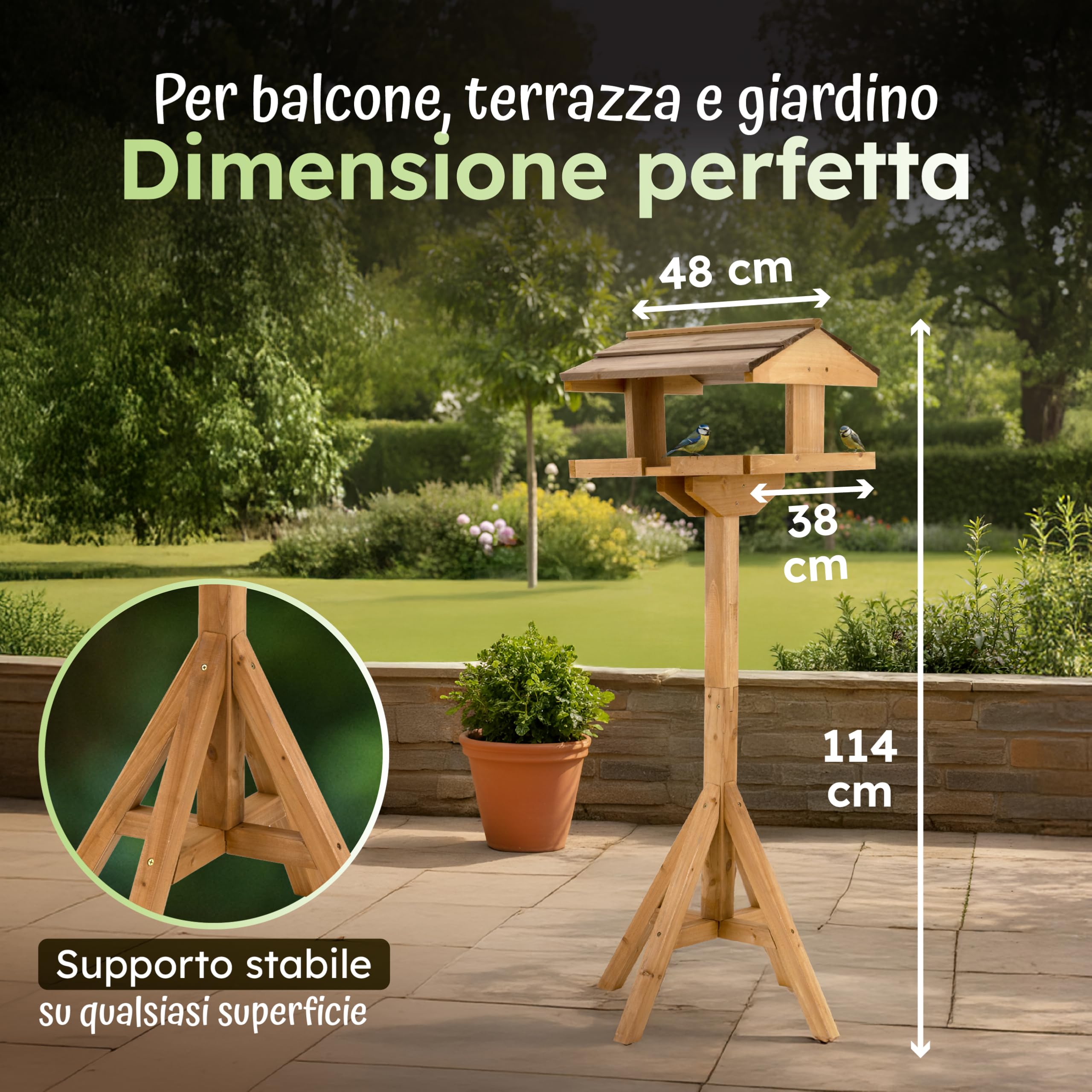 Moorland Casa per Uccelli Aperta in Legno di Abete FSC® con Supporto Alto | 114cm mangimatoia marrone tetto scuro in lame di kit da giardino terrazza resistente intemperie mangiatoia casetta VH4